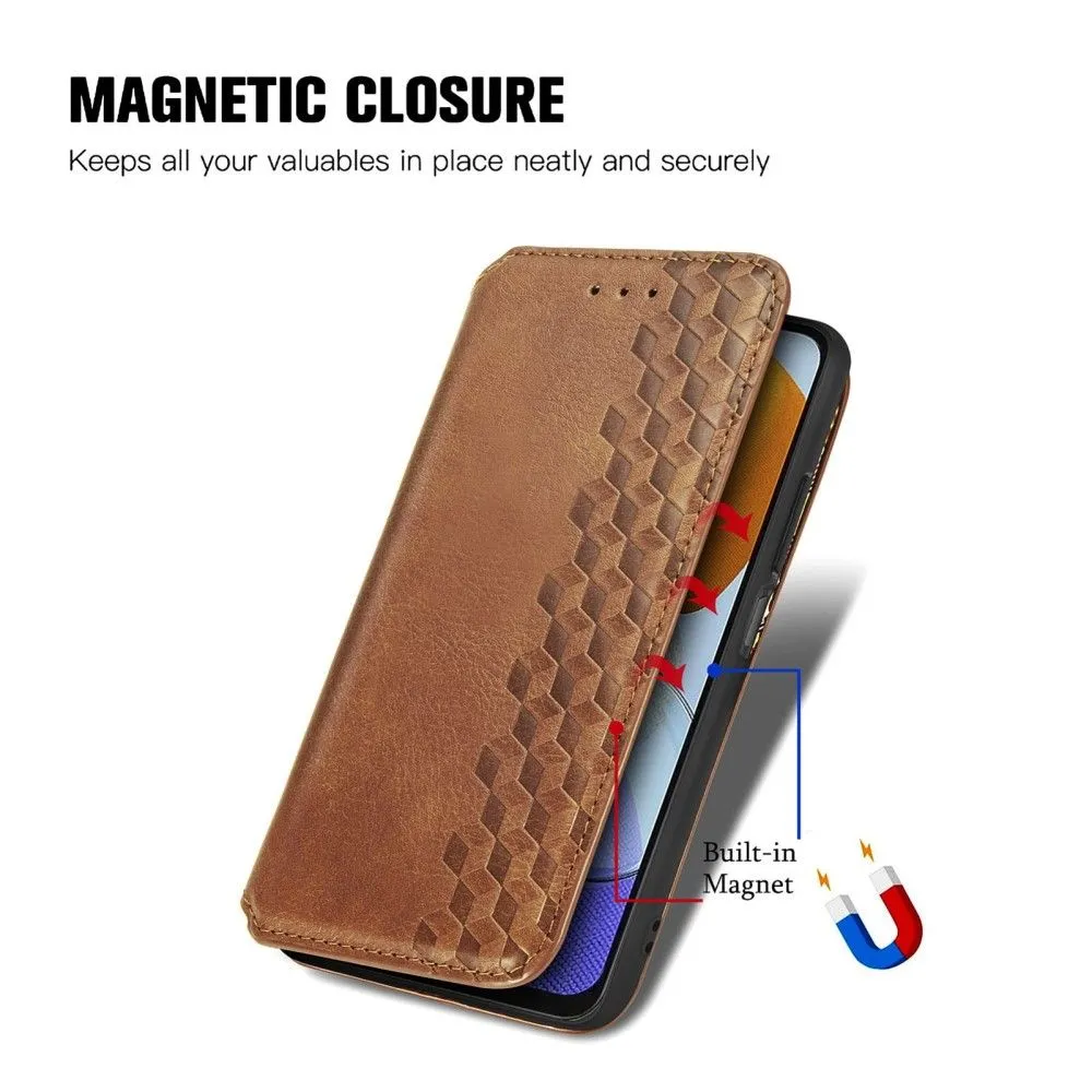 Leather case with a stylish rhombus imprint for Samsung Galaxy M23 - Brown