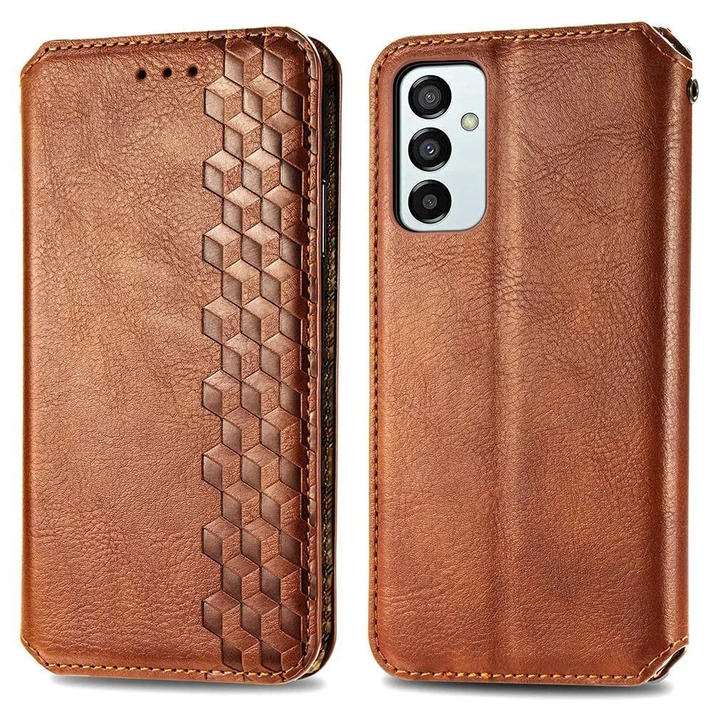 Leather case with a stylish rhombus imprint for Samsung Galaxy M23 - Brown