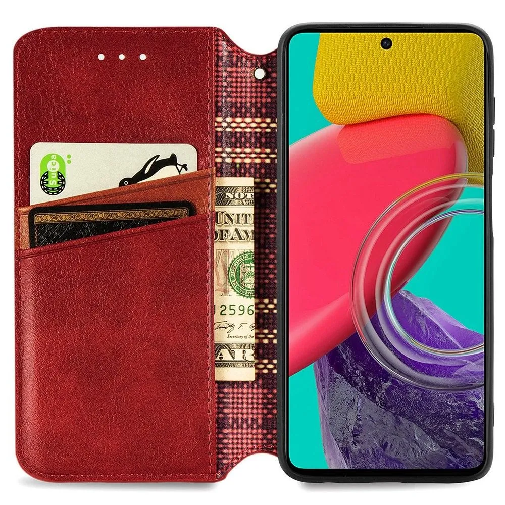 Leather case with a stylish rhombus imprint for Samsung Galaxy M53 5G - Red