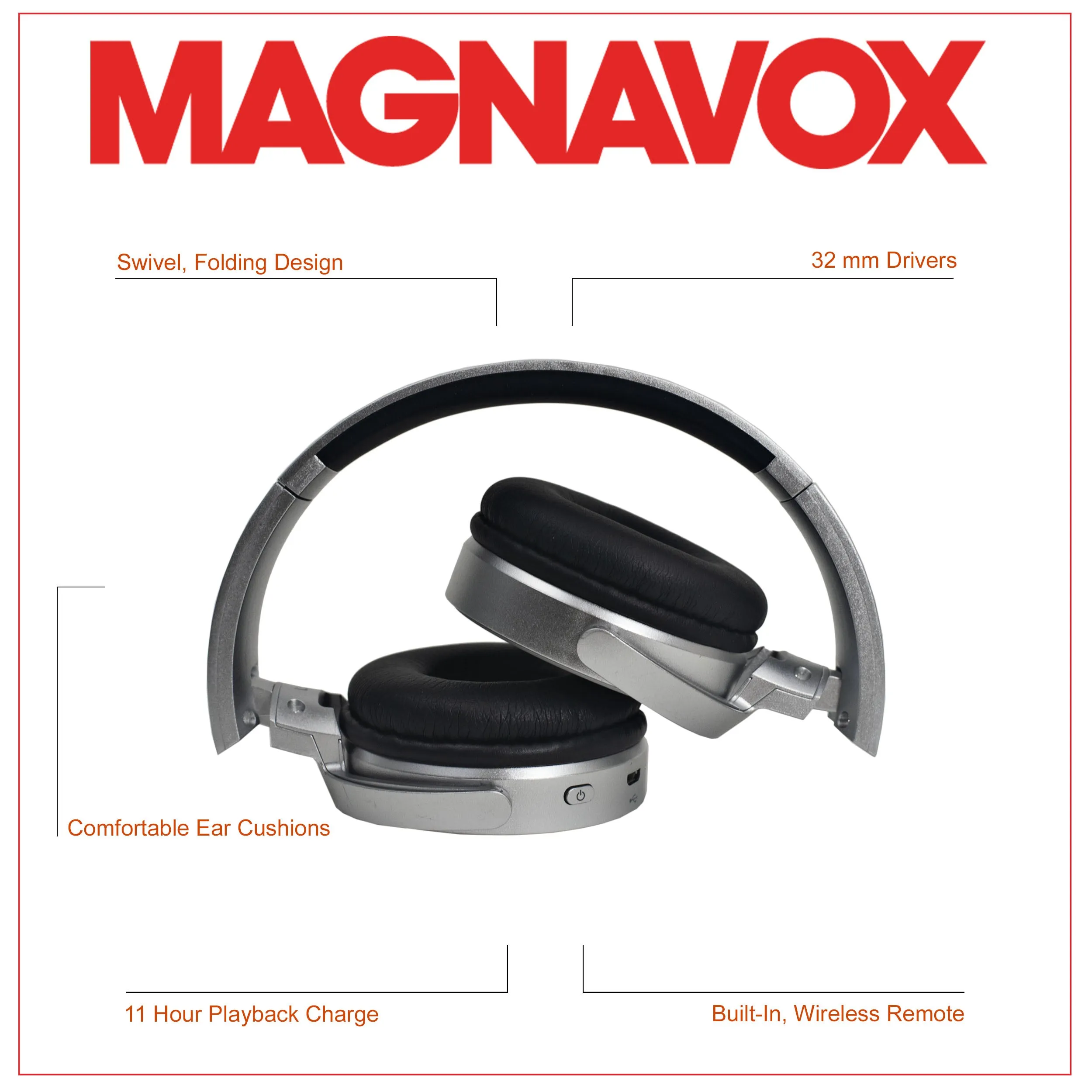 Magnavox MBH542-SG Bluetooth Wireless Foldable Stereo Headphones in Space Grey