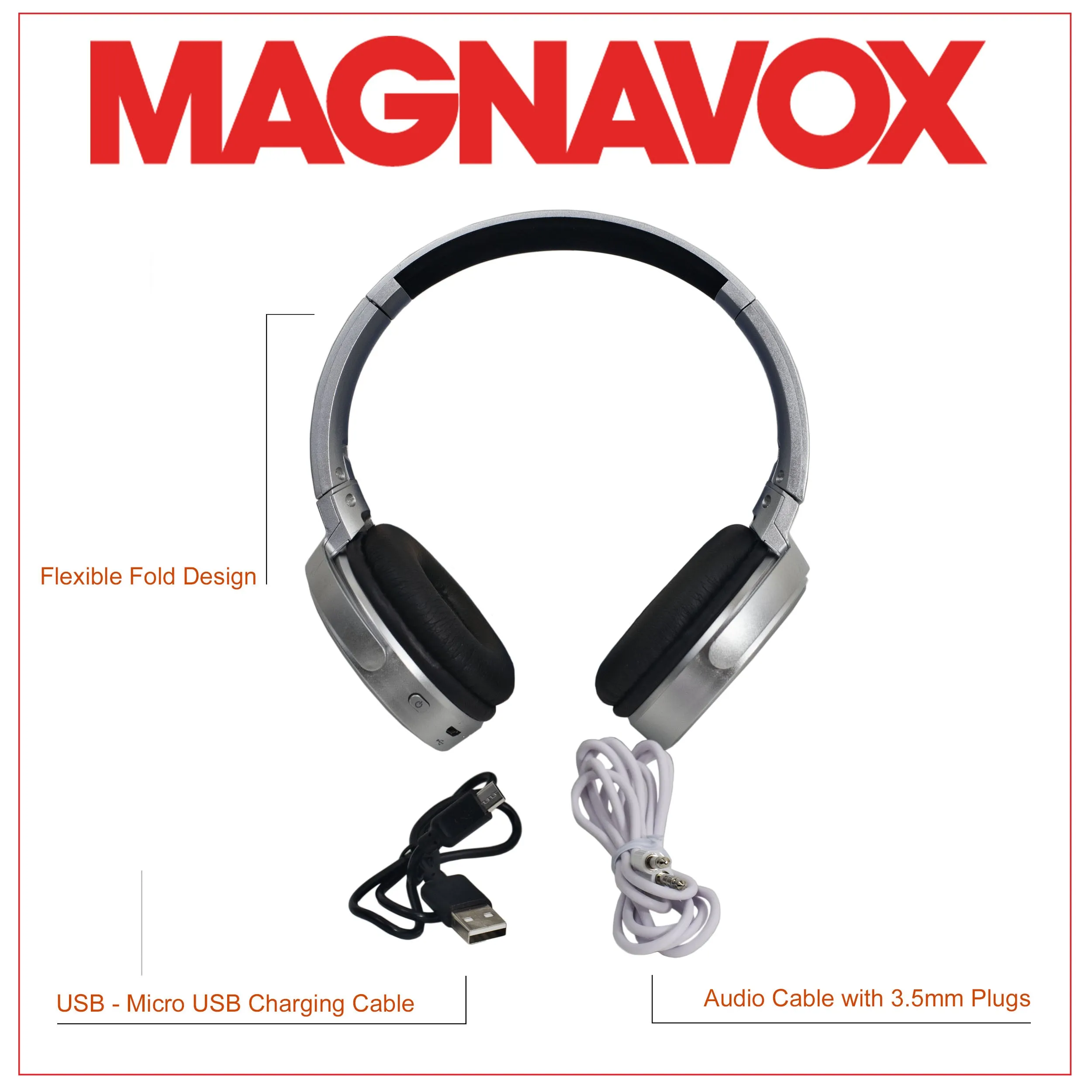 Magnavox MBH542-SG Bluetooth Wireless Foldable Stereo Headphones in Space Grey