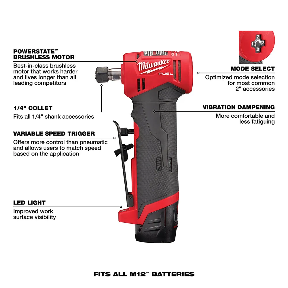 Milwaukee 2485-22 M12 FUEL 12V 1/4 Inch Right Angle Die Grinder Kit