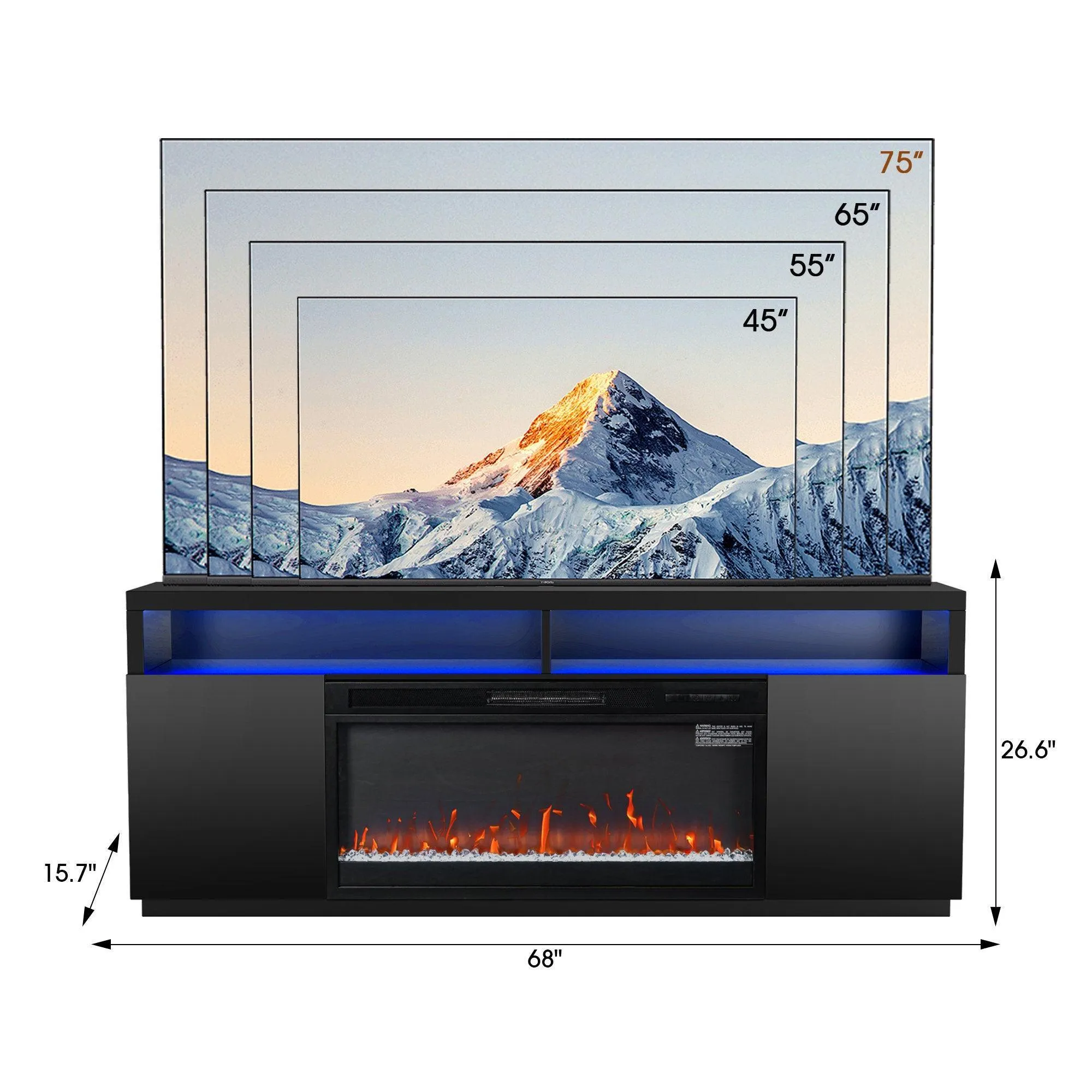 Modern 68" LED TV Stand with 36" Insert Opening Electric Fireplace for Living Room in Black or White