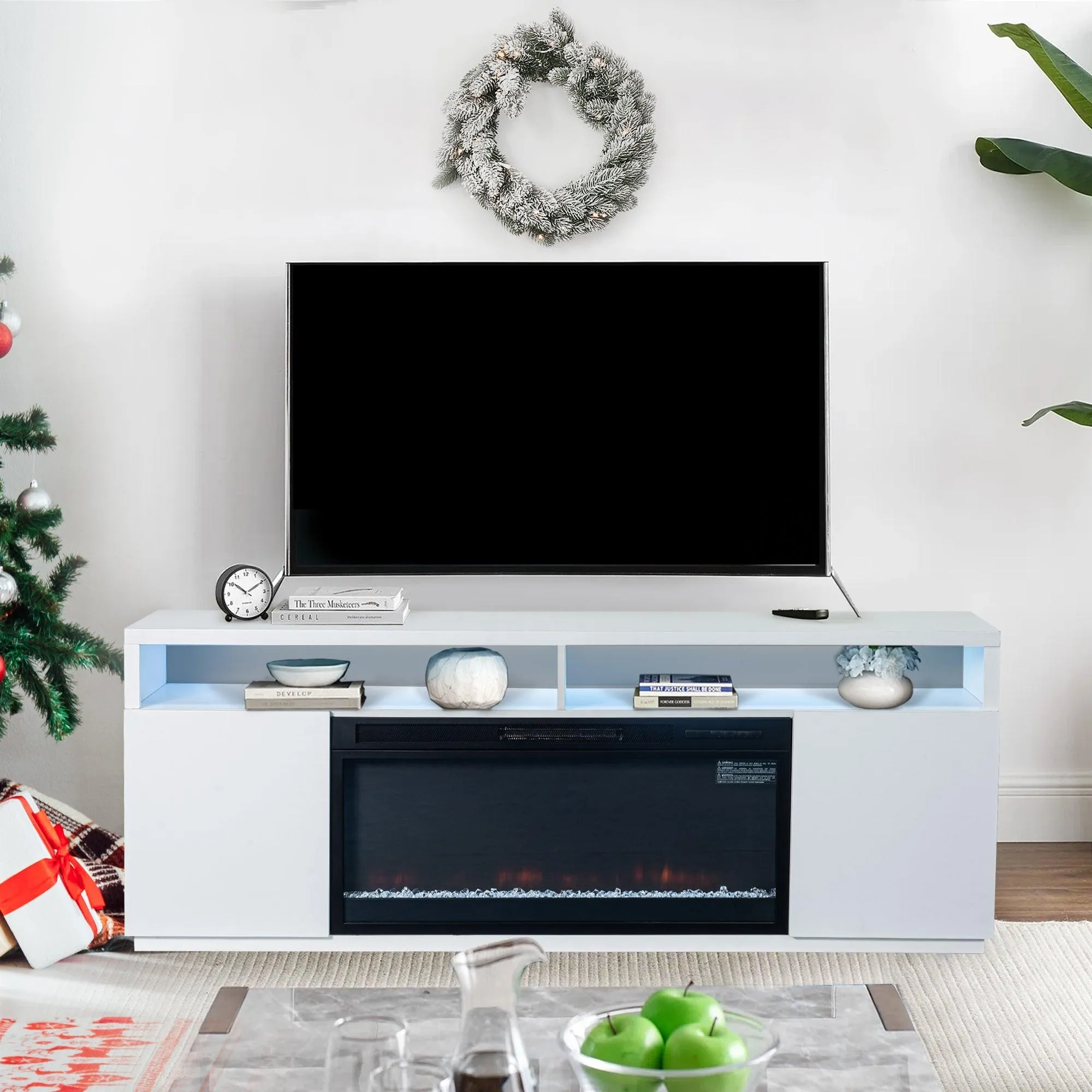 Modern 68" LED TV Stand with 36" Insert Opening Electric Fireplace for Living Room in Black or White