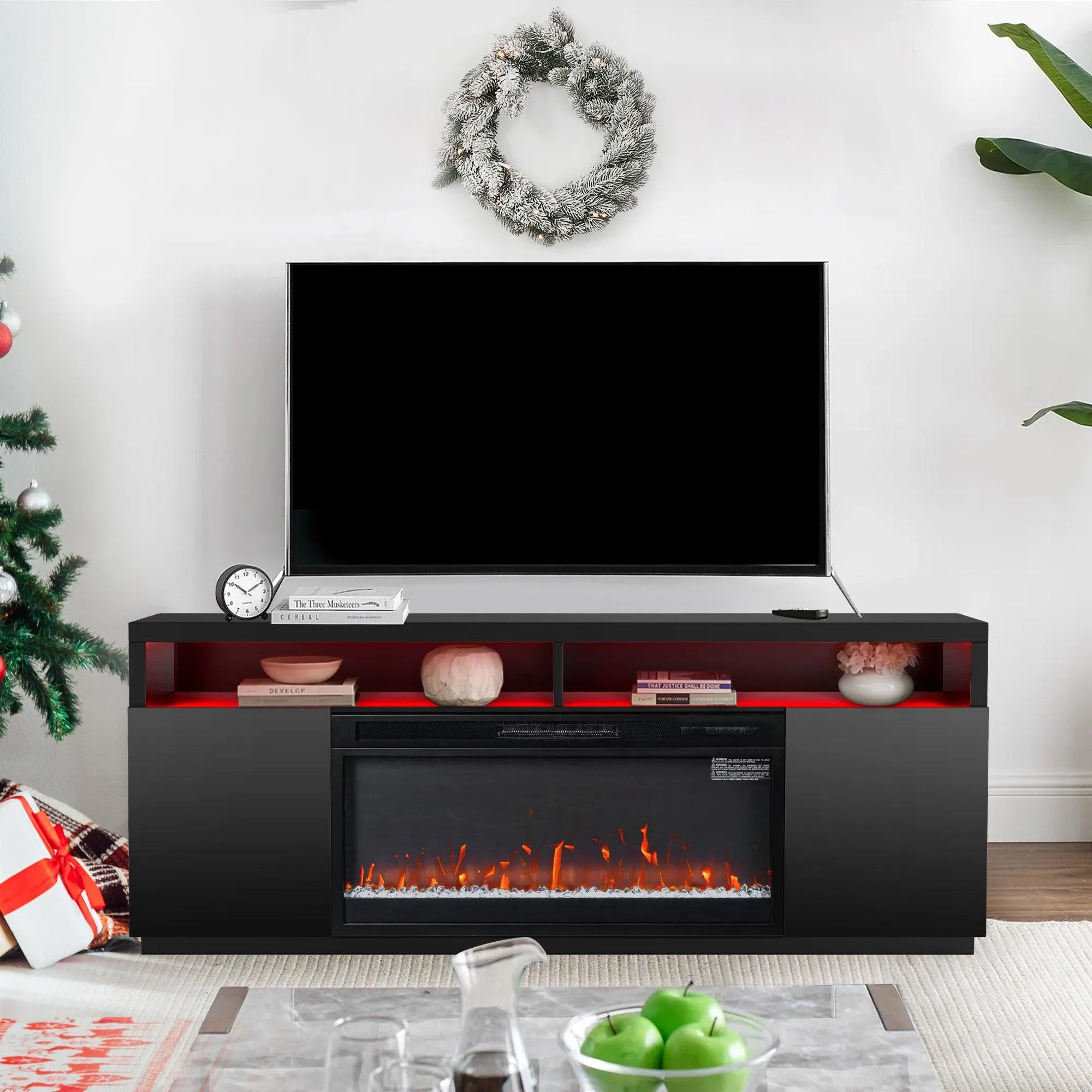 Modern 68" LED TV Stand with 36" Insert Opening Electric Fireplace for Living Room in Black or White