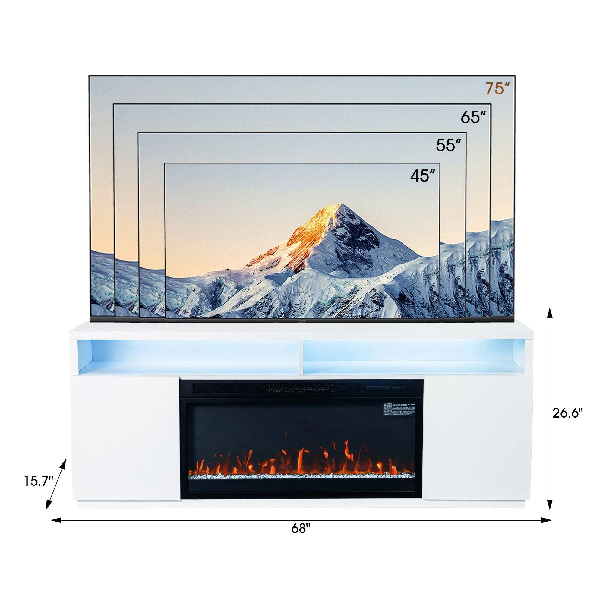 Modern 68" LED TV Stand with 36" Insert Opening Electric Fireplace for Living Room in Black or White