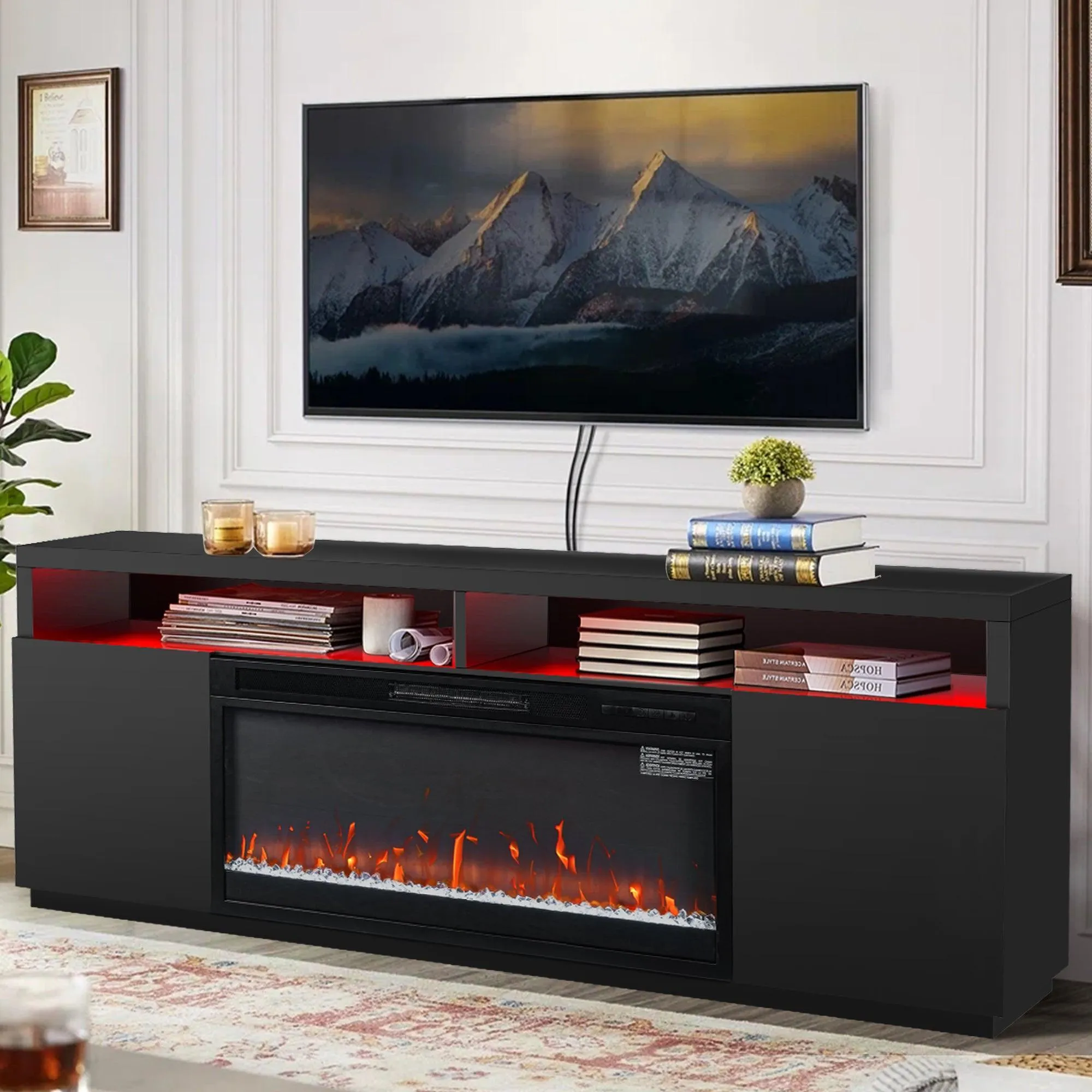 Modern 68" LED TV Stand with 36" Insert Opening Electric Fireplace for Living Room in Black or White