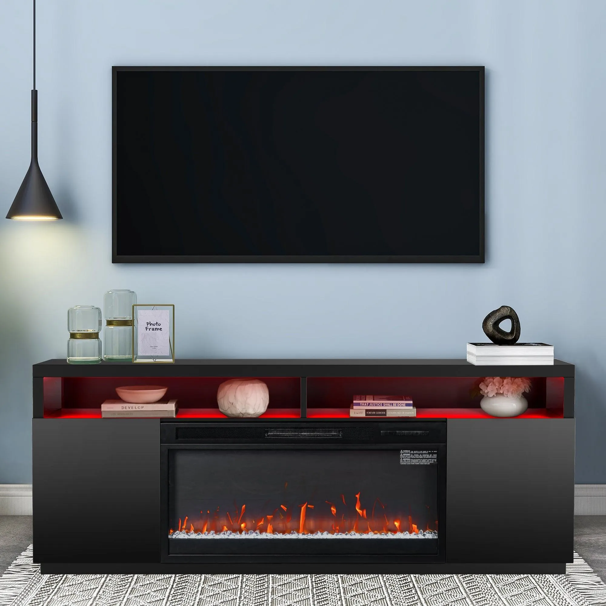 Modern 68" LED TV Stand with 36" Insert Opening Electric Fireplace for Living Room in Black or White