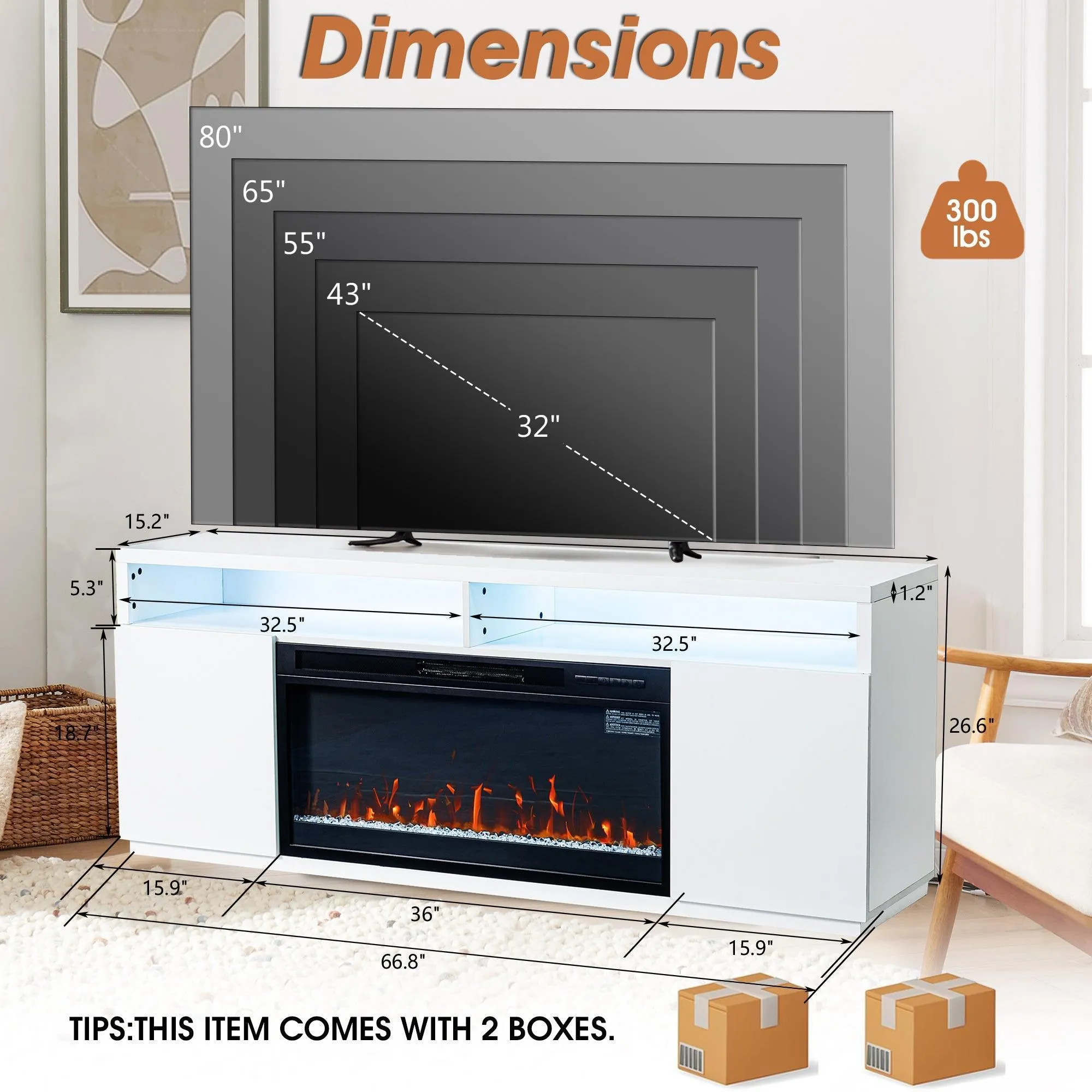 Modern 68" LED TV Stand with 36" Insert Opening Electric Fireplace for Living Room in Black or White