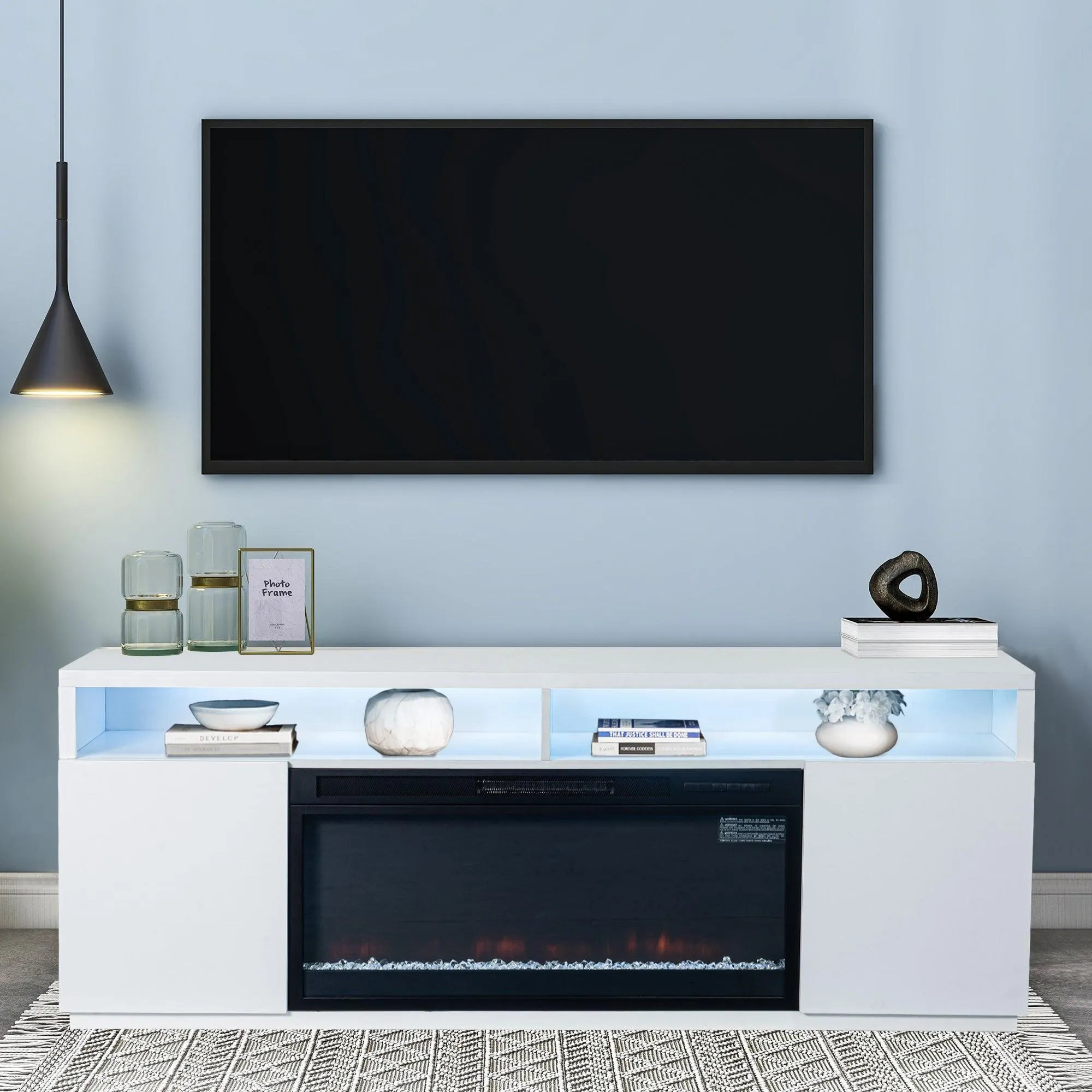 Modern 68" LED TV Stand with 36" Insert Opening Electric Fireplace for Living Room in Black or White