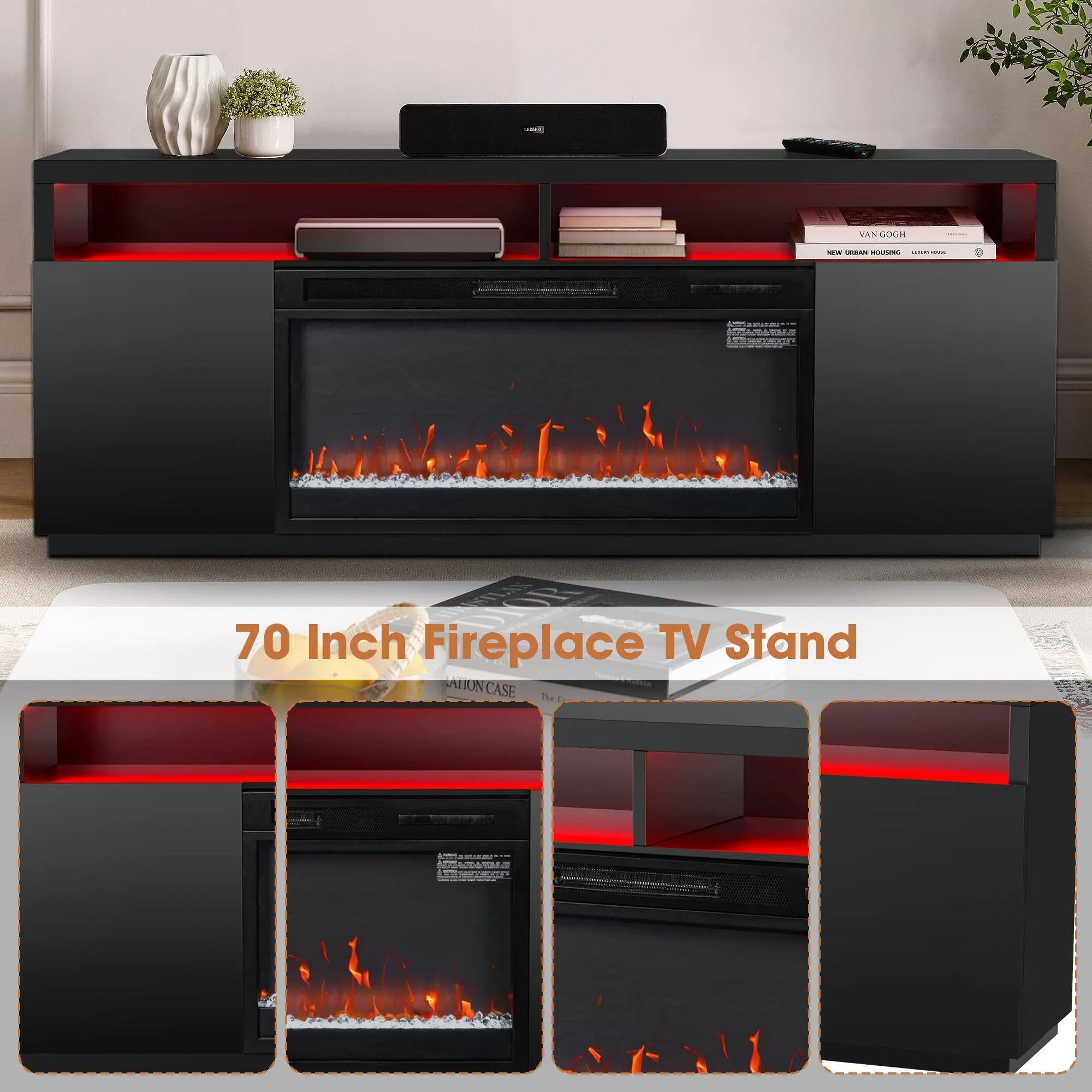 Modern 68" LED TV Stand with 36" Insert Opening Electric Fireplace for Living Room in Black or White