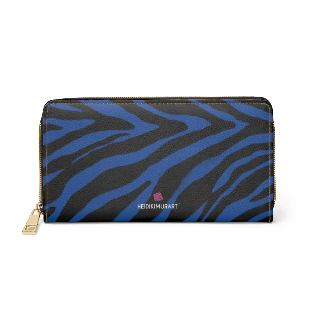 Navy Blue Zebra Wallet, Best Zebra Striped Animal Print Gold Color Zipper Wallet For Women