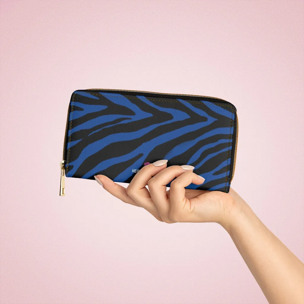 Navy Blue Zebra Wallet, Best Zebra Striped Animal Print Gold Color Zipper Wallet For Women