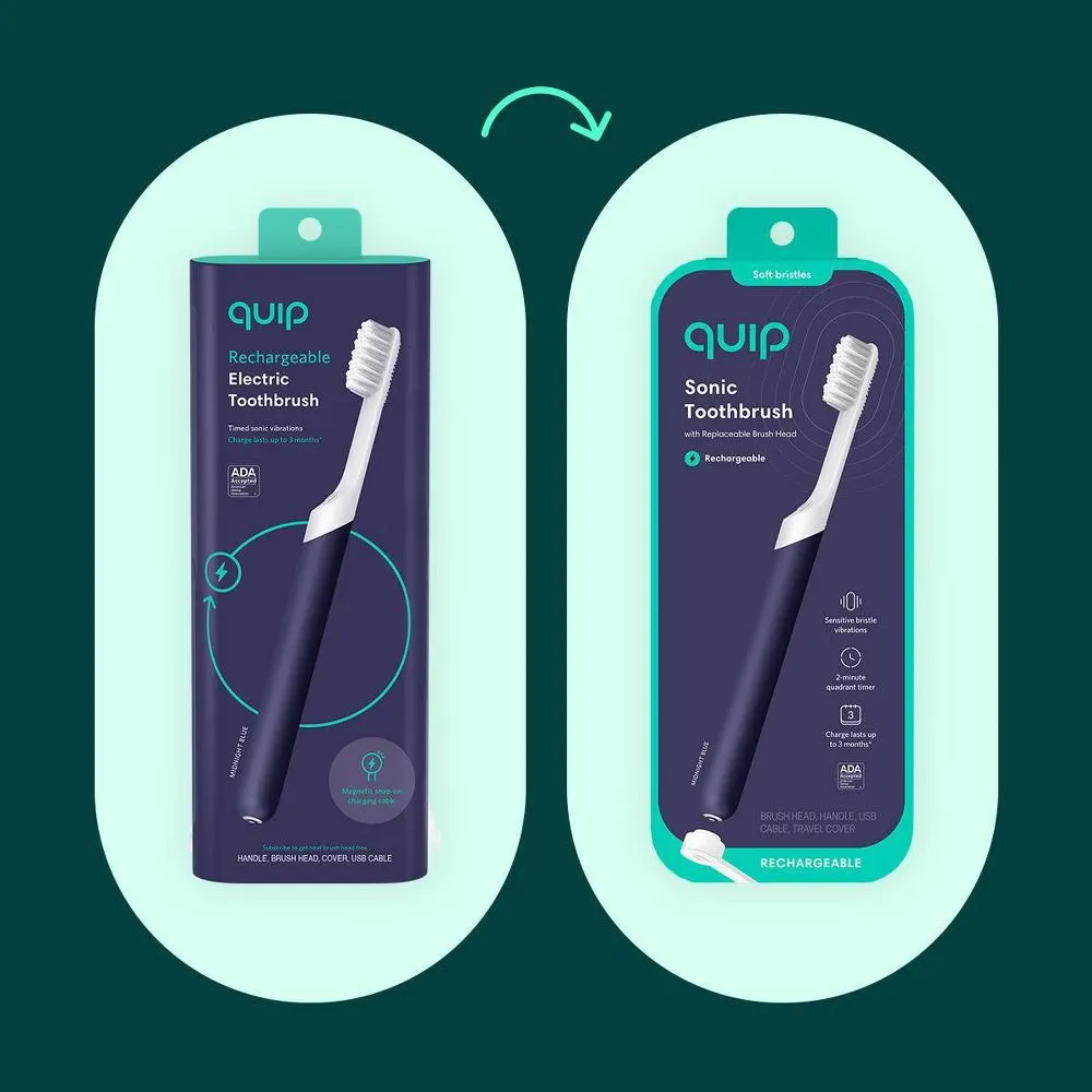 New - quip Rechargeable Sonic Plastic Electric Toothbrush with Timer and Travel Case/Mount - Midnight Blue