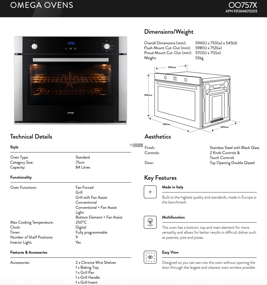 Omega OO757X 75cm Electric Oven - Ex Display Discount