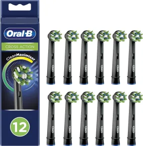 Oral-B Cross Action Electric Toothbrush Head with CleanMaximiser Technology, Angled Bristles for Deeper Plaque Removal, Pack of 12 Toothbrush Heads, Recyclable Carton, Suitable for Mailbox, Black