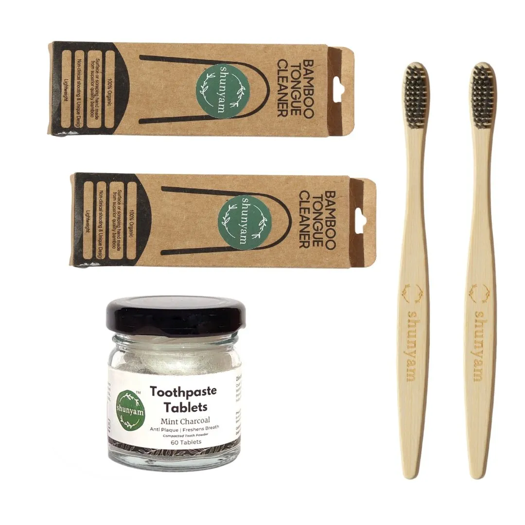 Oral Care Box (Pack for 2) | 2 Bamboo Toothbrushes, 2 Tongue Cleaners, 60 Toothpaste Tablets