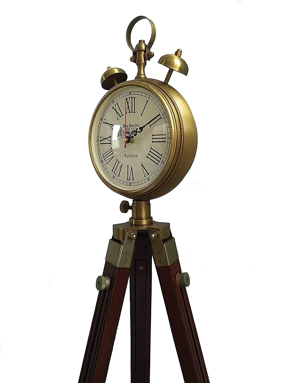 OVERSEAS MART Wooden and Brass Antique Metal Tripod Floor Analog Clock with Stand Two Bell Prop Roman Number for Home Living Room Hall & Office Décor Handicraft Gifts Item