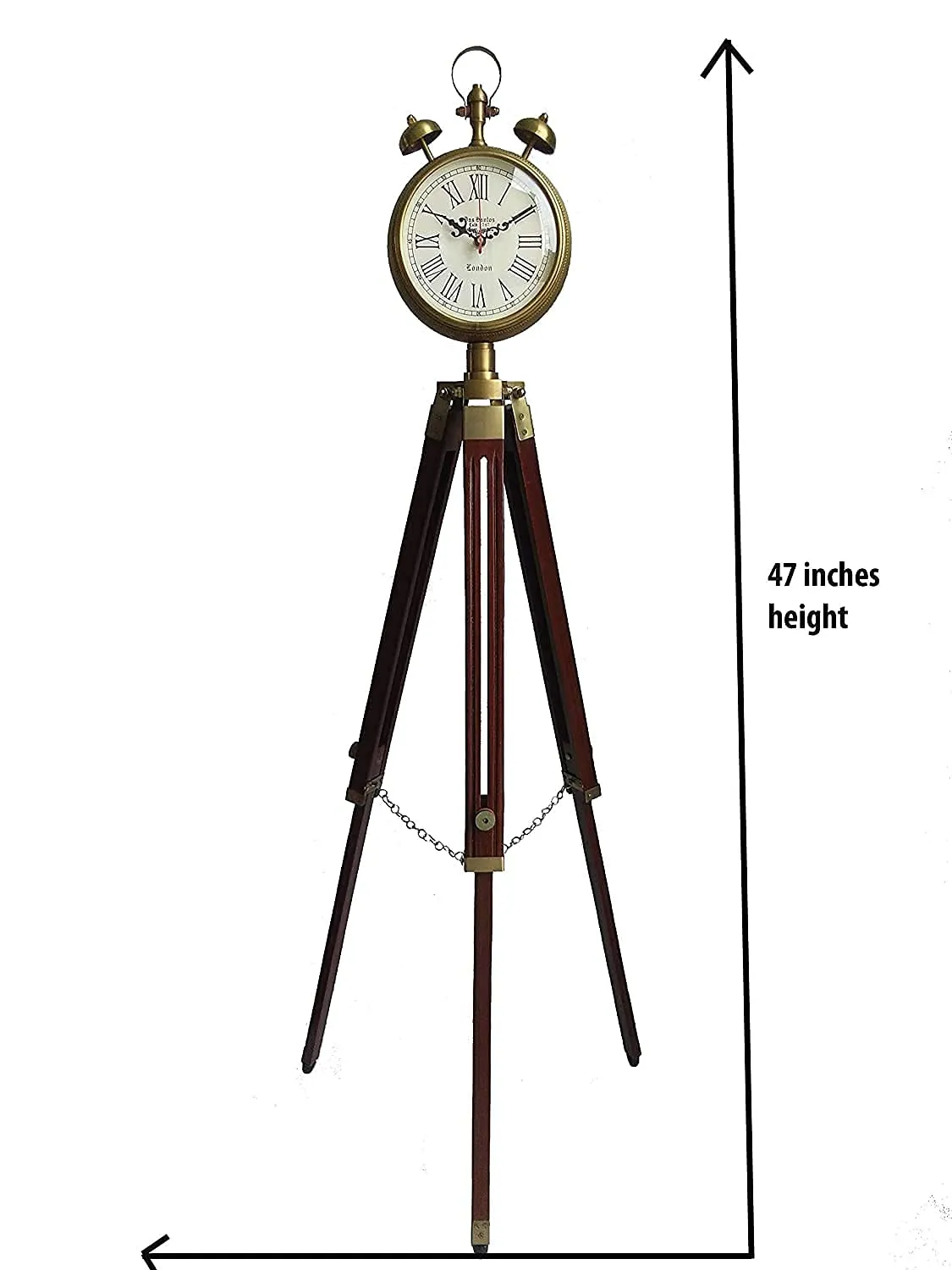 OVERSEAS MART Wooden and Brass Antique Metal Tripod Floor Analog Clock with Stand Two Bell Prop Roman Number for Home Living Room Hall & Office Décor Handicraft Gifts Item