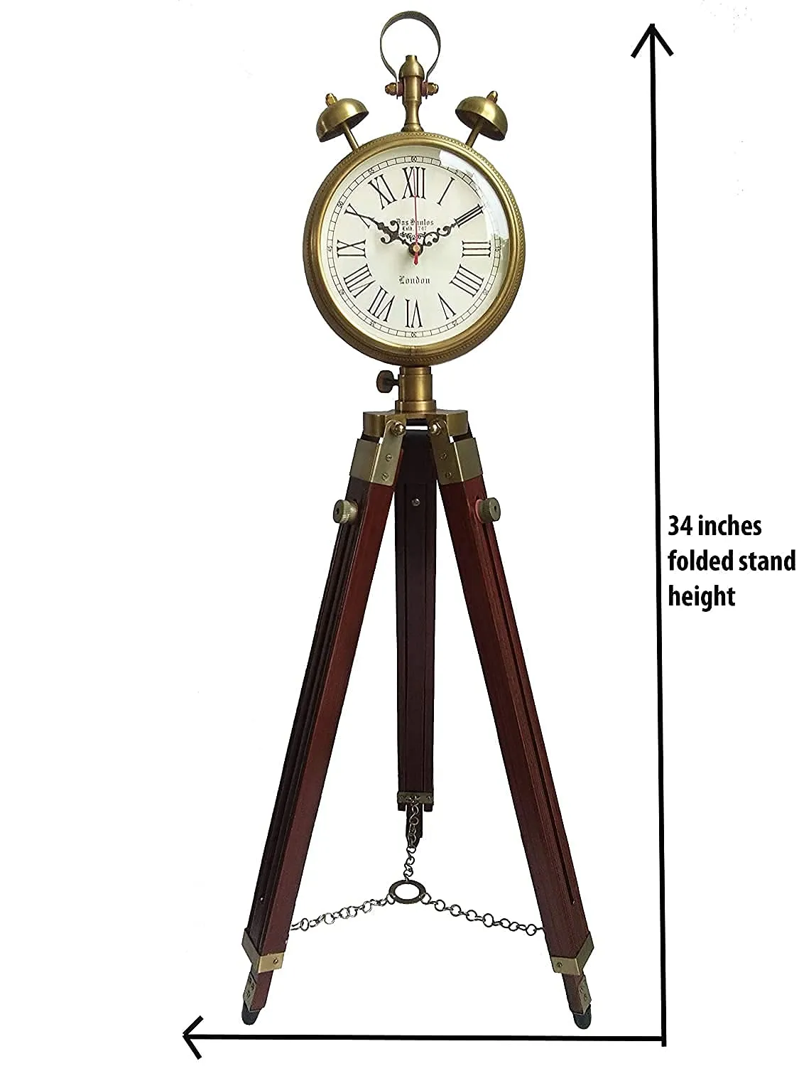 OVERSEAS MART Wooden and Brass Antique Metal Tripod Floor Analog Clock with Stand Two Bell Prop Roman Number for Home Living Room Hall & Office Décor Handicraft Gifts Item