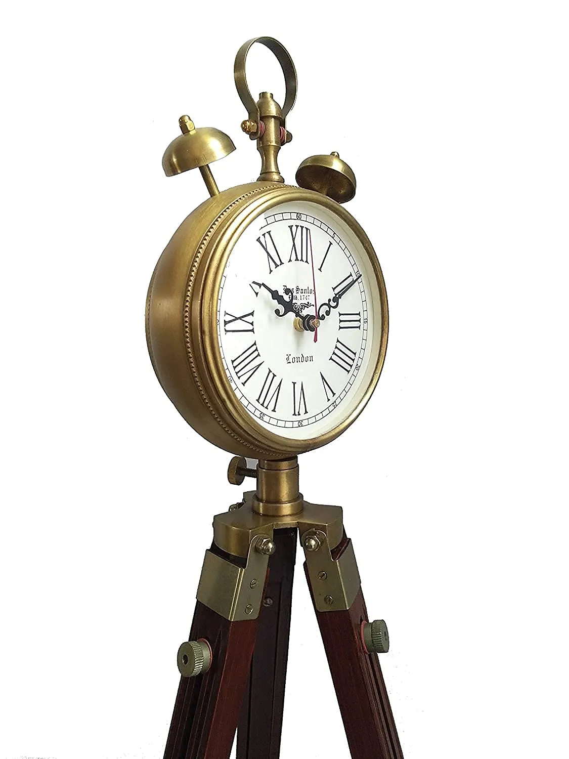 OVERSEAS MART Wooden and Brass Antique Metal Tripod Floor Analog Clock with Stand Two Bell Prop Roman Number for Home Living Room Hall & Office Décor Handicraft Gifts Item