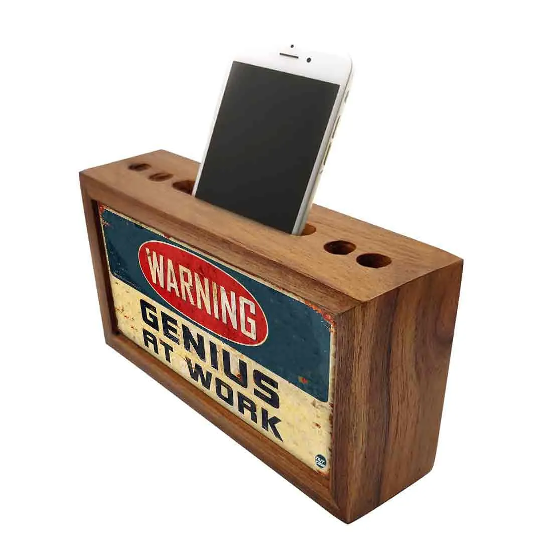 Pen Stand with Mobile Holder Wooden Desk Organizer for Office-Warning