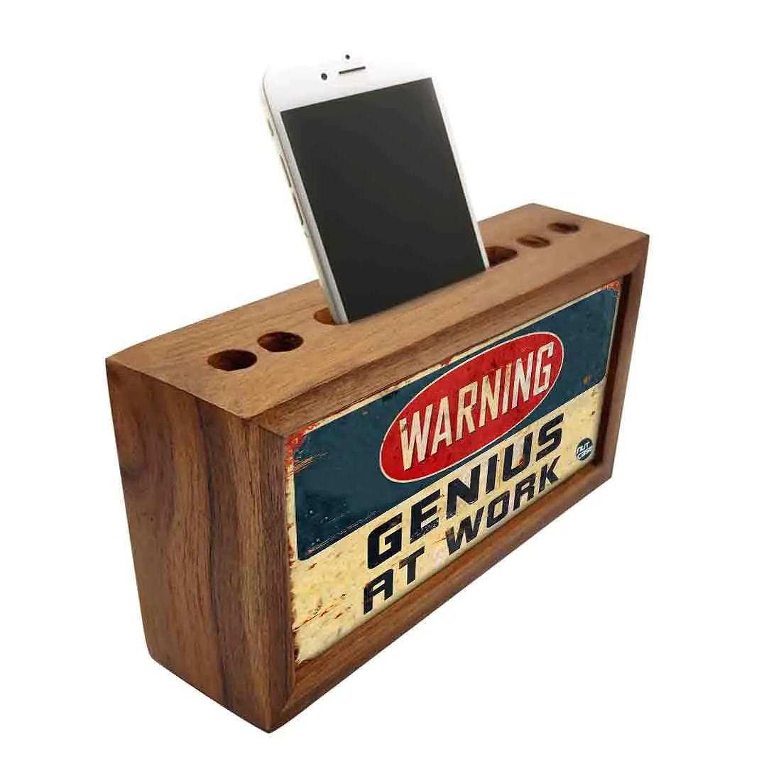 Pen Stand with Mobile Holder Wooden Desk Organizer for Office-Warning