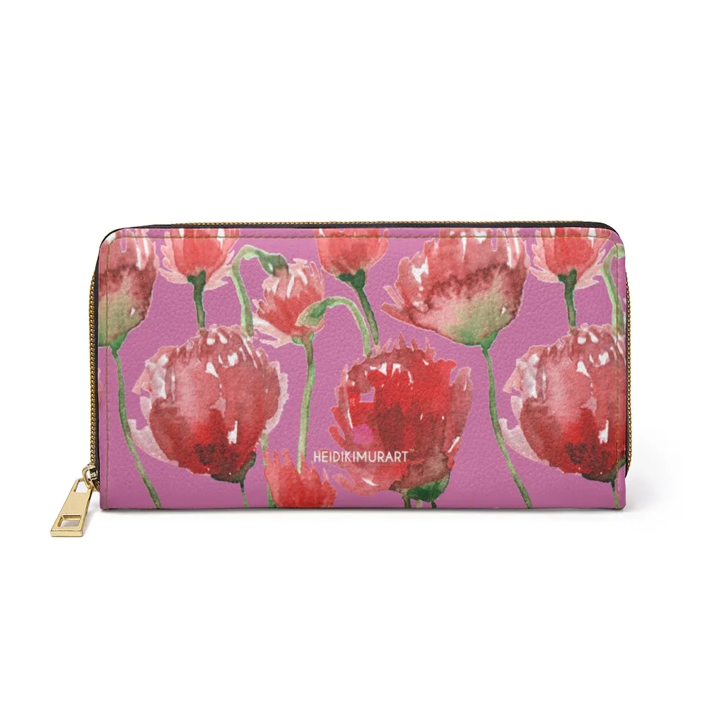 Pink Red Tulips Zipper Wallet, Red Tulips Flower Print Best Long Compact Wallet For Women