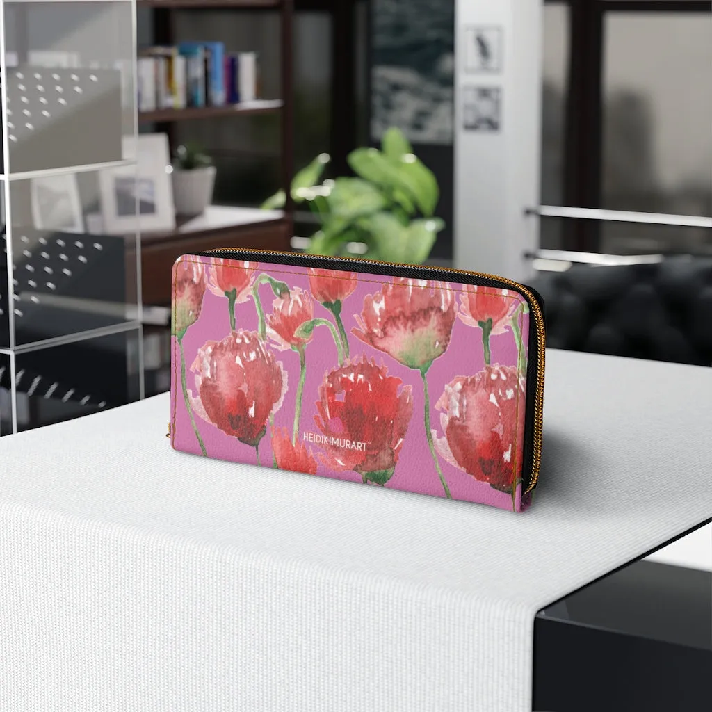 Pink Red Tulips Zipper Wallet, Red Tulips Flower Print Best Long Compact Wallet For Women