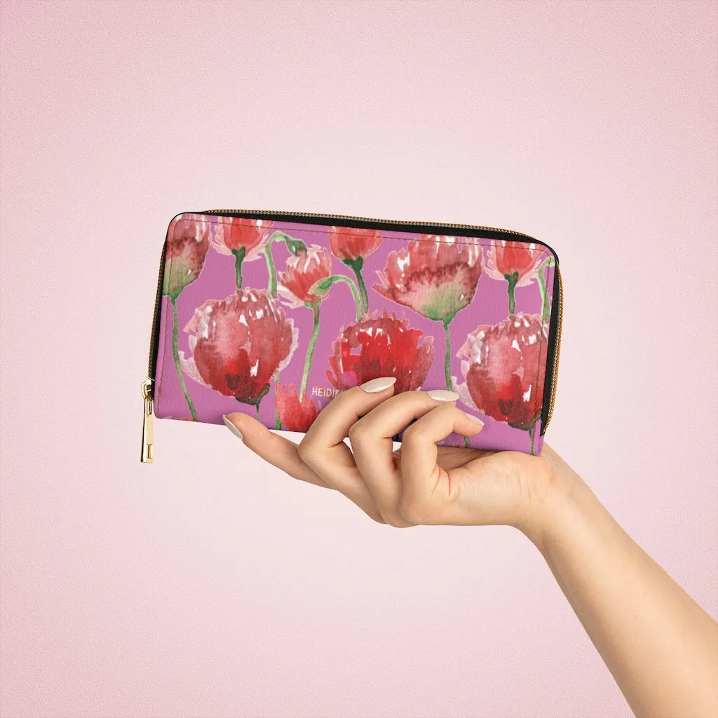 Pink Red Tulips Zipper Wallet, Red Tulips Flower Print Best Long Compact Wallet For Women