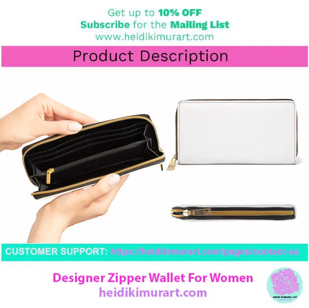 Pink Roses Zipper Wallet, Best Pink Floral Roses Print Gold Color Zipper Wallet For Women