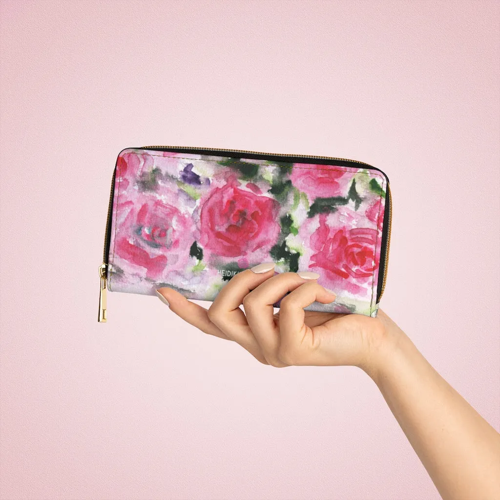 Pink Roses Zipper Wallet, Best Pink Floral Roses Print Gold Color Zipper Wallet For Women