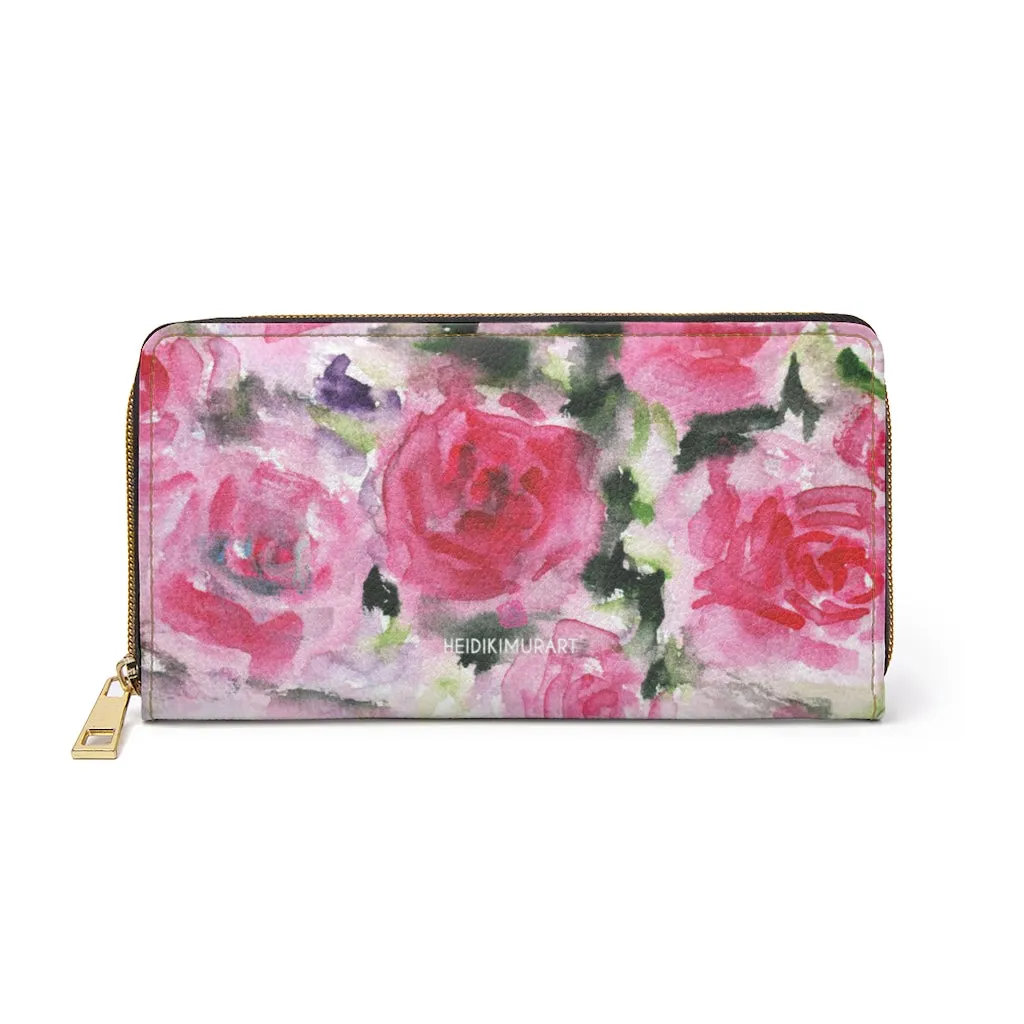 Pink Roses Zipper Wallet, Best Pink Floral Roses Print Gold Color Zipper Wallet For Women