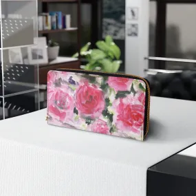 Pink Roses Zipper Wallet, Best Pink Floral Roses Print Gold Color Zipper Wallet For Women