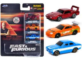 "Fast & Furious" 3 piece Set "Nano Hollywood Rides" Series 1 Diecast Model Cars by Jada