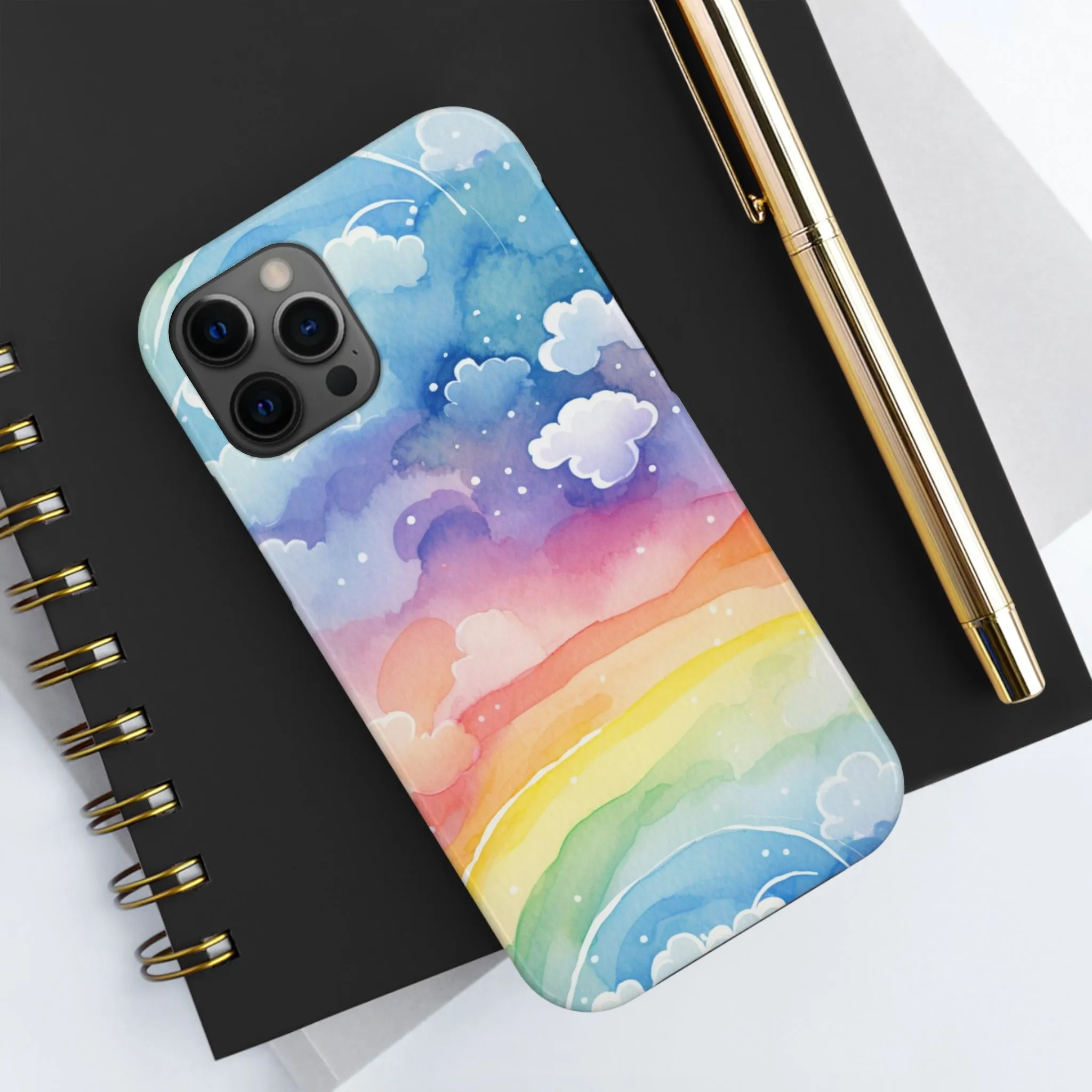 Rainbow Tough Phone Case, Watercolor Clouds iPhone 14 13 Pro Max 12 11 X XR XS SE 7 8 Plus Cell Cover Cool Aesthetic