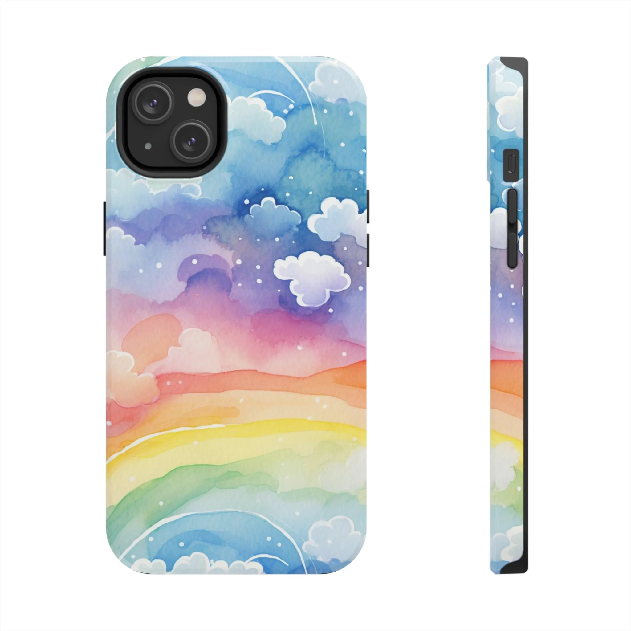 Rainbow Tough Phone Case, Watercolor Clouds iPhone 14 13 Pro Max 12 11 X XR XS SE 7 8 Plus Cell Cover Cool Aesthetic