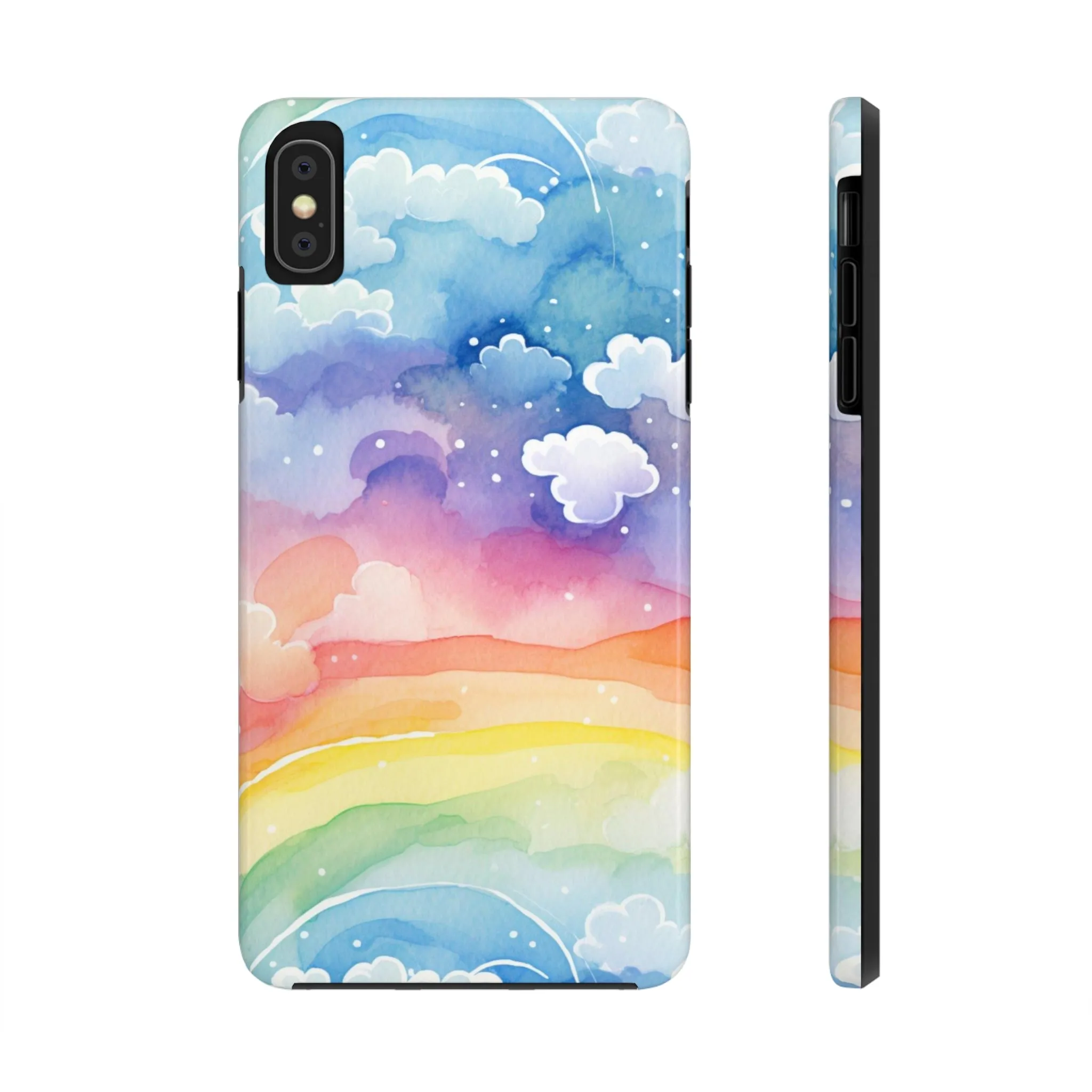 Rainbow Tough Phone Case, Watercolor Clouds iPhone 14 13 Pro Max 12 11 X XR XS SE 7 8 Plus Cell Cover Cool Aesthetic