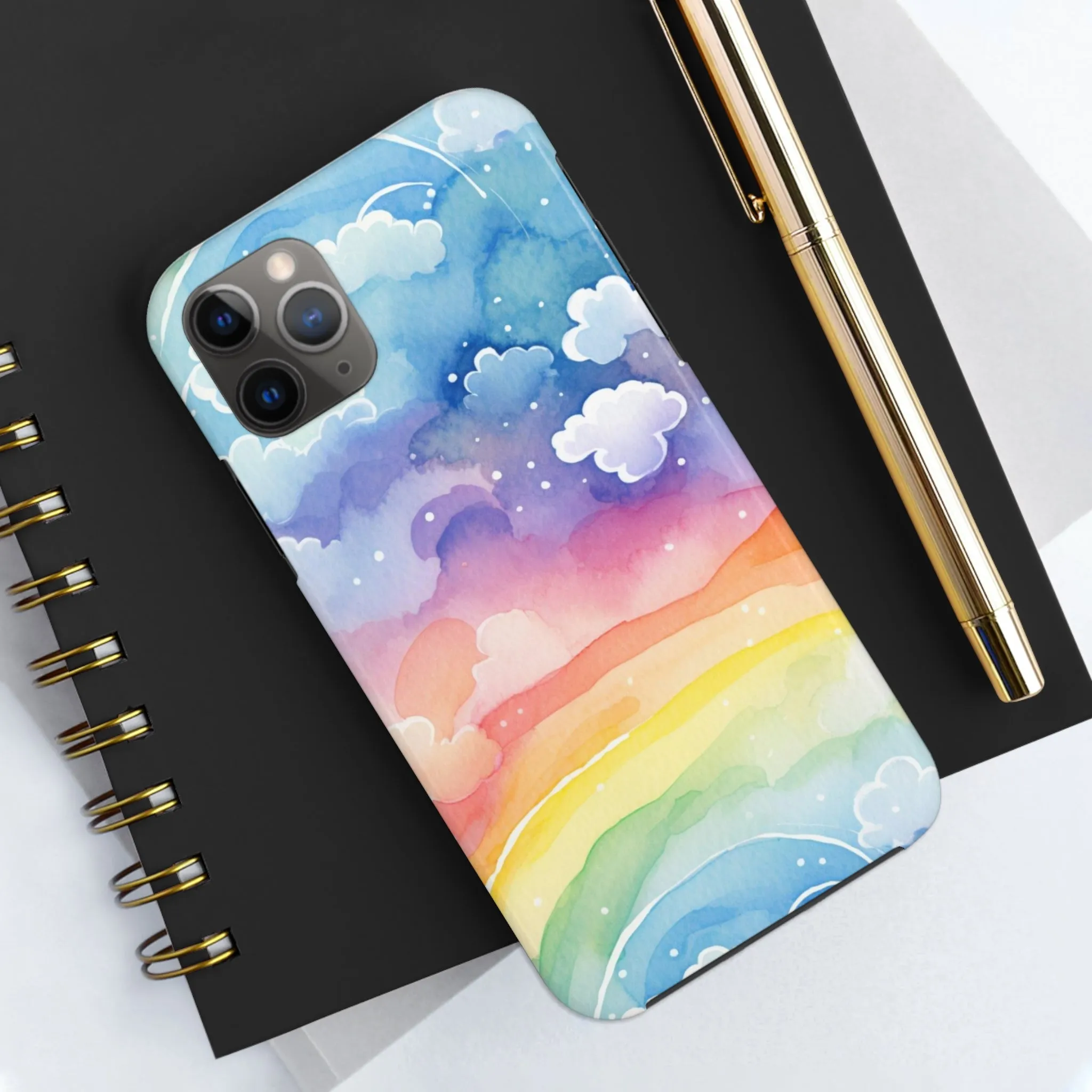 Rainbow Tough Phone Case, Watercolor Clouds iPhone 14 13 Pro Max 12 11 X XR XS SE 7 8 Plus Cell Cover Cool Aesthetic