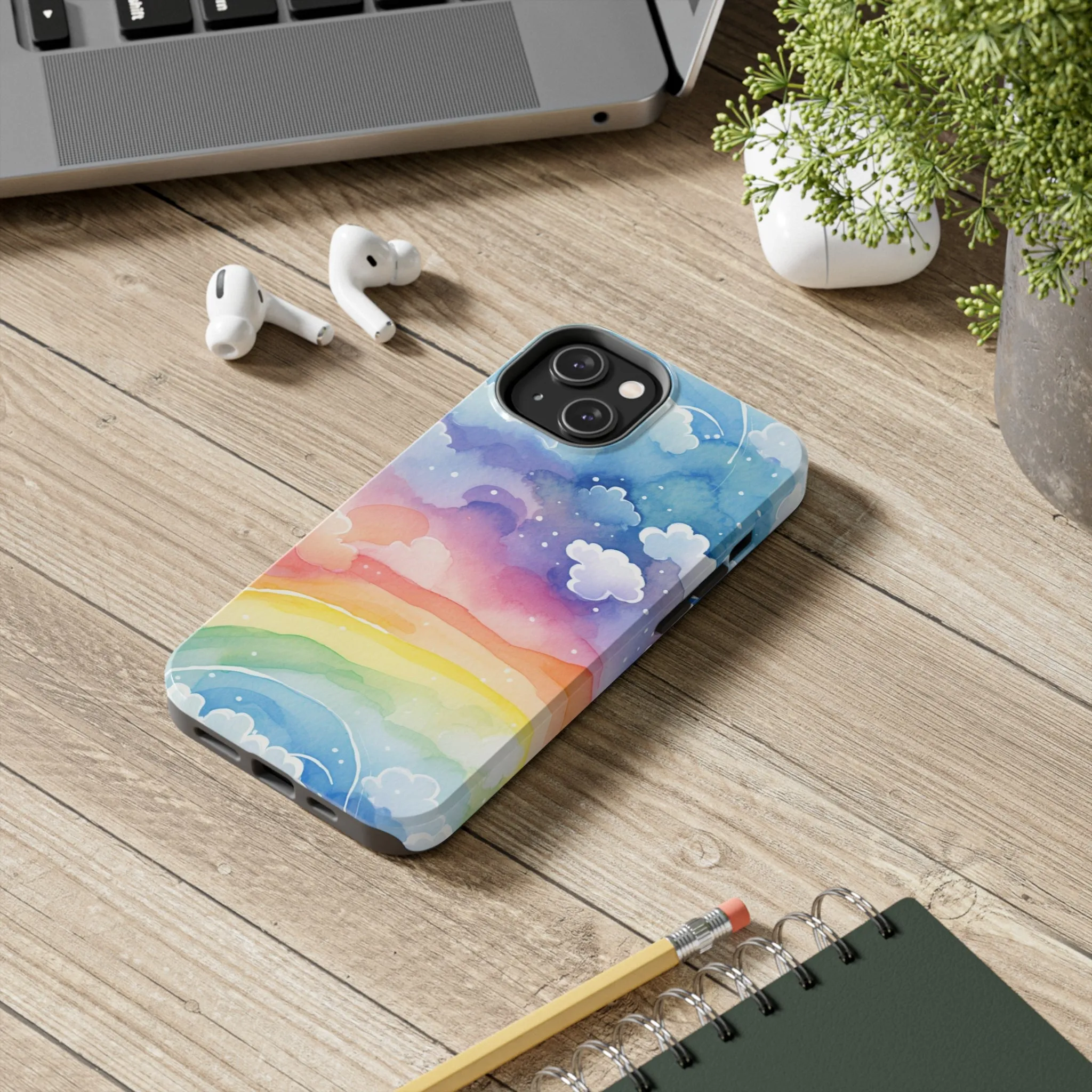 Rainbow Tough Phone Case, Watercolor Clouds iPhone 14 13 Pro Max 12 11 X XR XS SE 7 8 Plus Cell Cover Cool Aesthetic