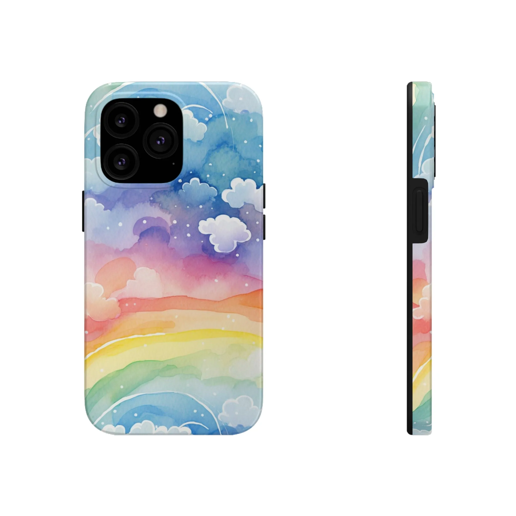 Rainbow Tough Phone Case, Watercolor Clouds iPhone 14 13 Pro Max 12 11 X XR XS SE 7 8 Plus Cell Cover Cool Aesthetic