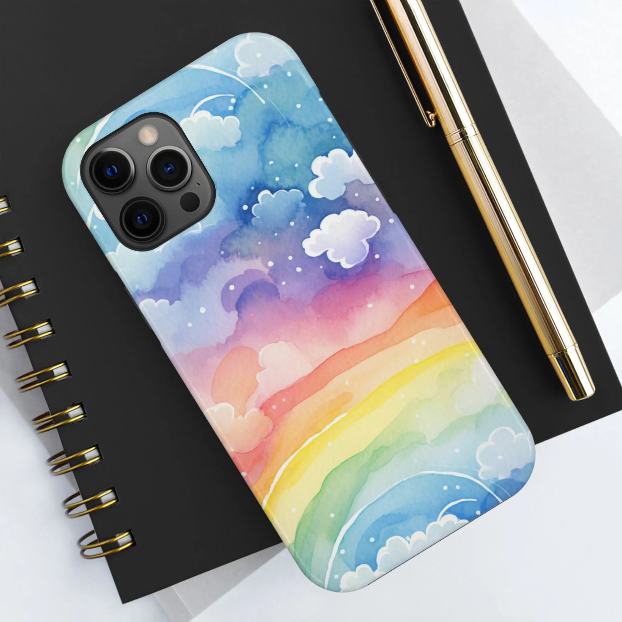 Rainbow Tough Phone Case, Watercolor Clouds iPhone 14 13 Pro Max 12 11 X XR XS SE 7 8 Plus Cell Cover Cool Aesthetic