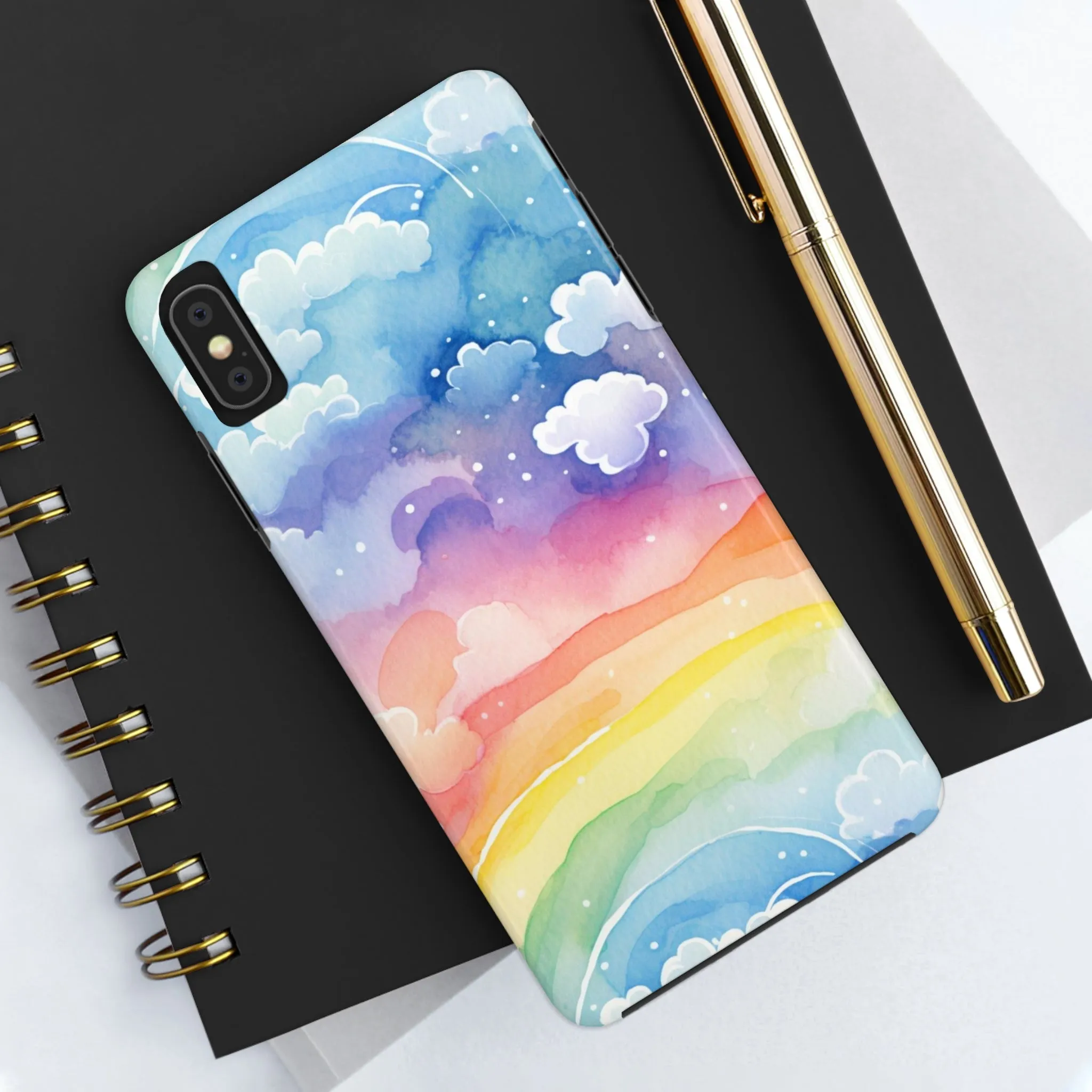 Rainbow Tough Phone Case, Watercolor Clouds iPhone 14 13 Pro Max 12 11 X XR XS SE 7 8 Plus Cell Cover Cool Aesthetic