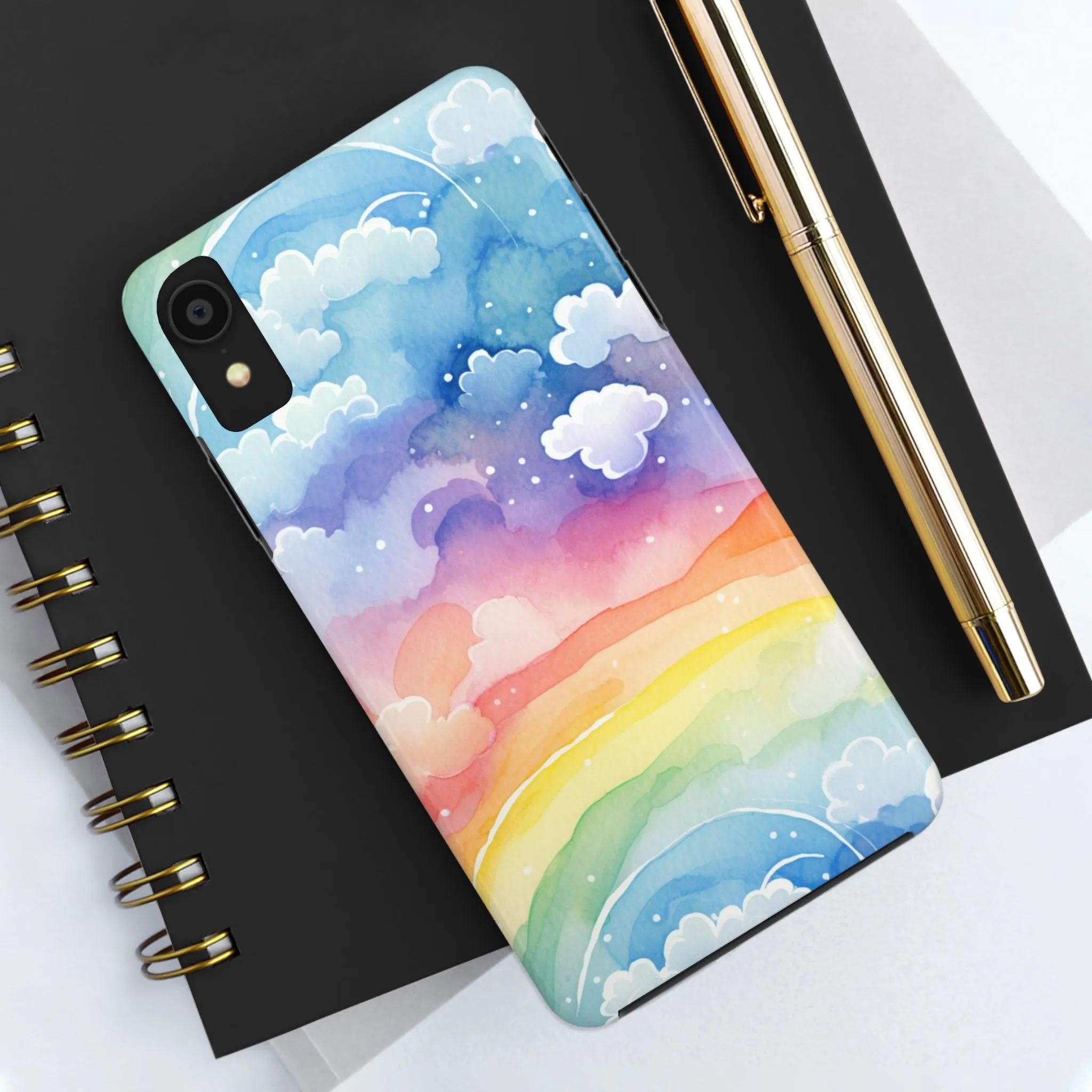 Rainbow Tough Phone Case, Watercolor Clouds iPhone 14 13 Pro Max 12 11 X XR XS SE 7 8 Plus Cell Cover Cool Aesthetic