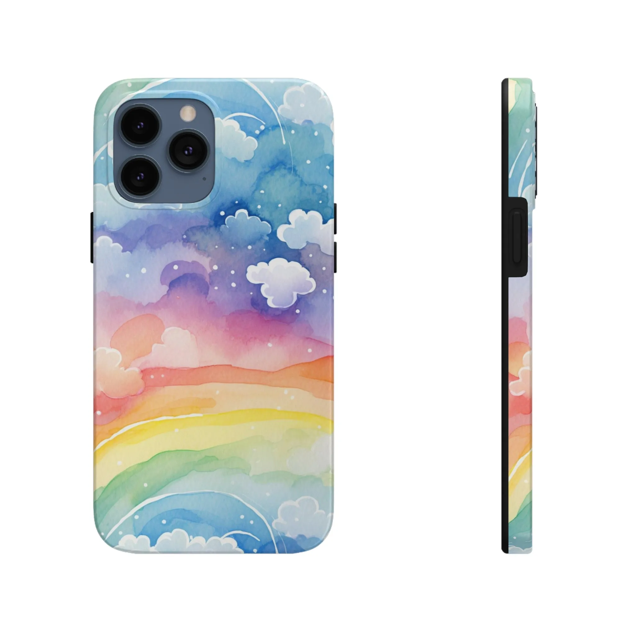 Rainbow Tough Phone Case, Watercolor Clouds iPhone 14 13 Pro Max 12 11 X XR XS SE 7 8 Plus Cell Cover Cool Aesthetic