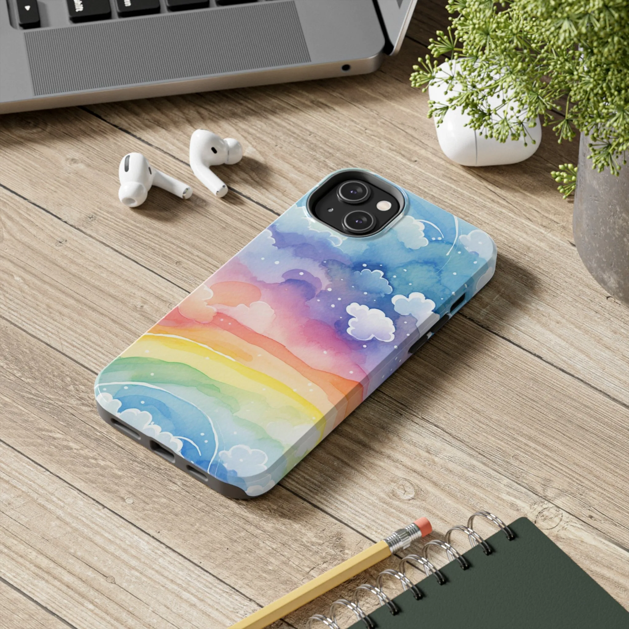 Rainbow Tough Phone Case, Watercolor Clouds iPhone 14 13 Pro Max 12 11 X XR XS SE 7 8 Plus Cell Cover Cool Aesthetic