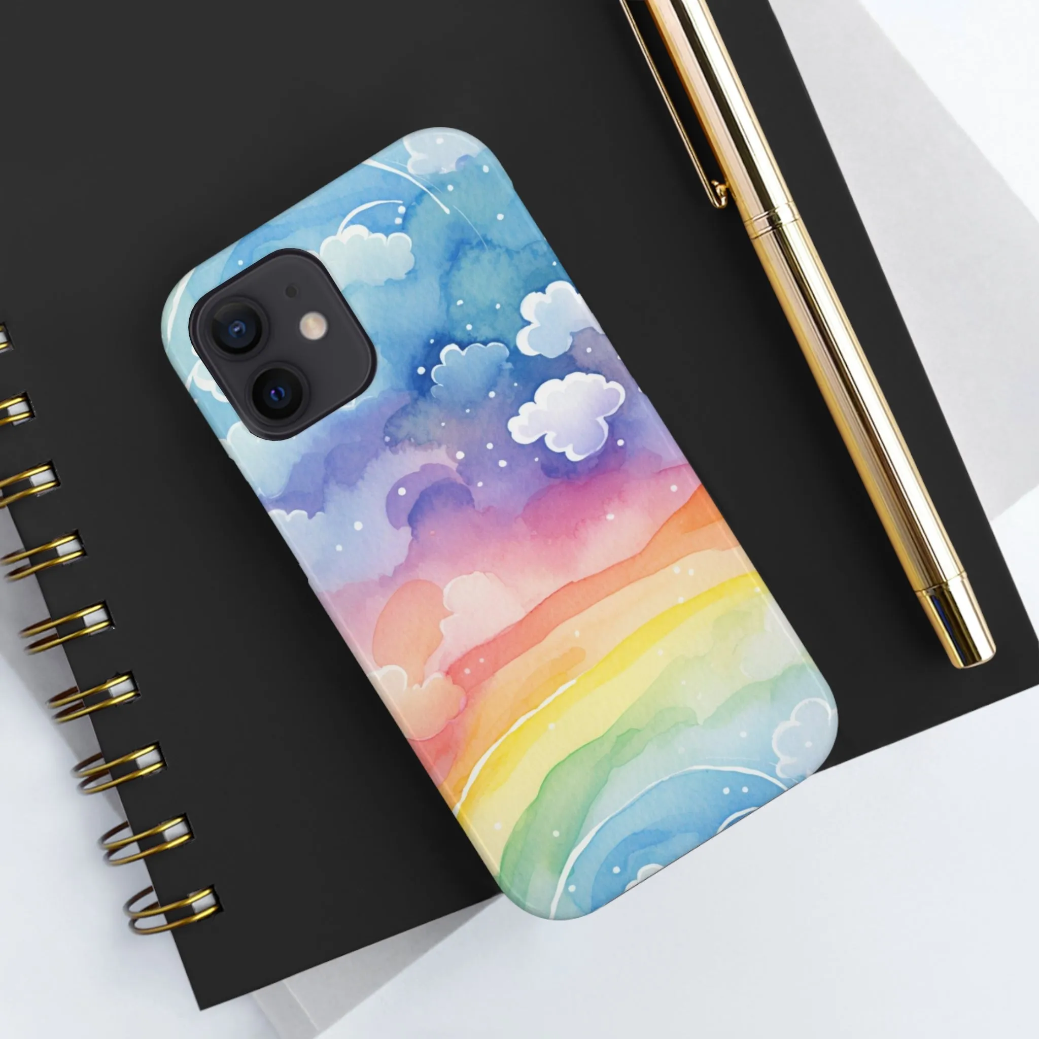 Rainbow Tough Phone Case, Watercolor Clouds iPhone 14 13 Pro Max 12 11 X XR XS SE 7 8 Plus Cell Cover Cool Aesthetic