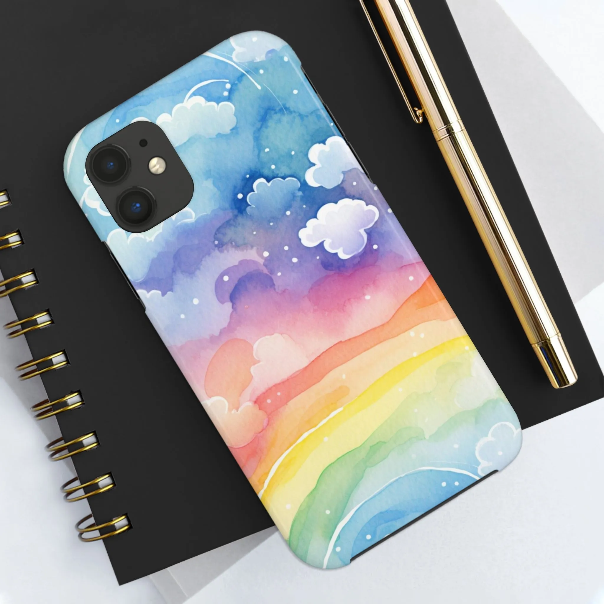 Rainbow Tough Phone Case, Watercolor Clouds iPhone 14 13 Pro Max 12 11 X XR XS SE 7 8 Plus Cell Cover Cool Aesthetic