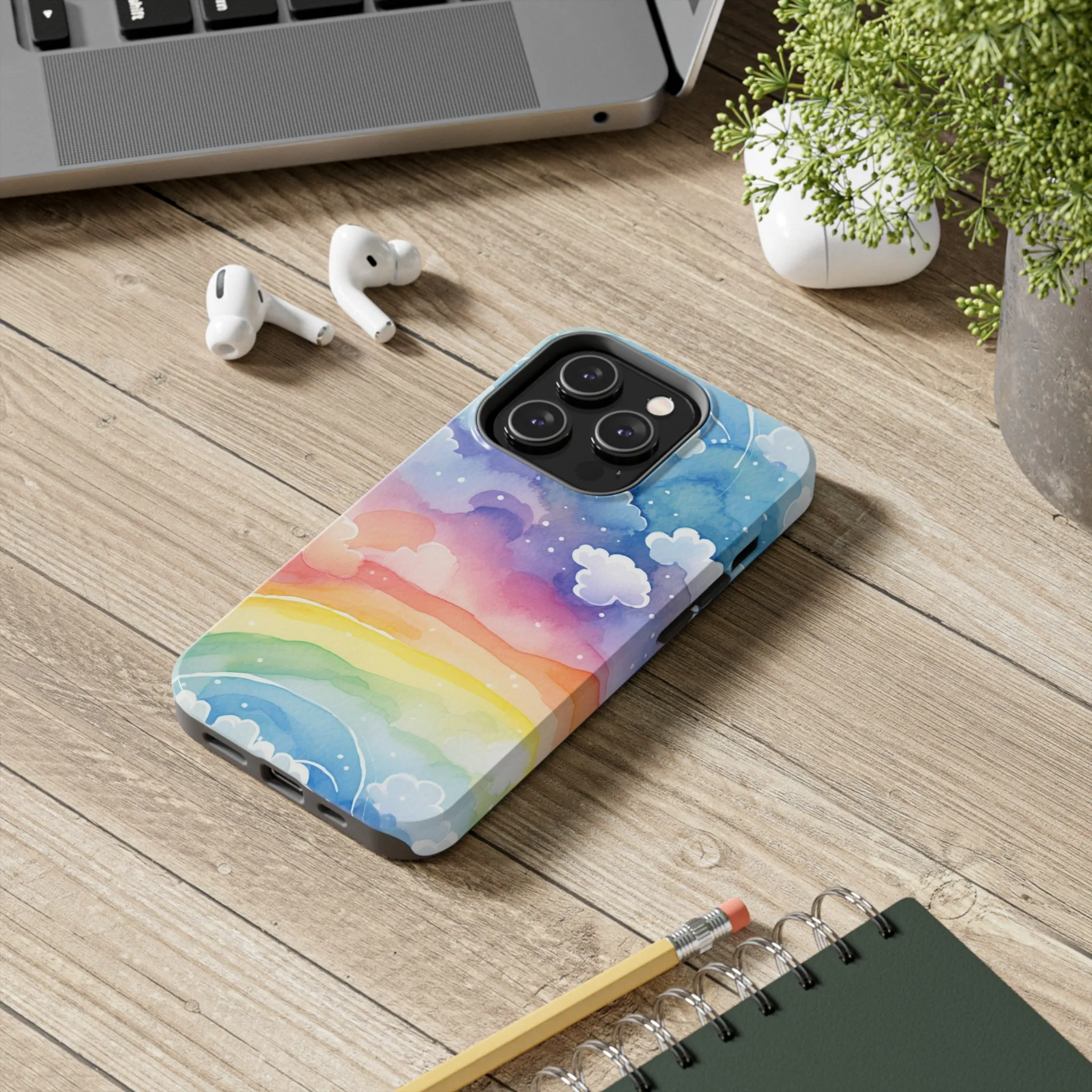 Rainbow Tough Phone Case, Watercolor Clouds iPhone 14 13 Pro Max 12 11 X XR XS SE 7 8 Plus Cell Cover Cool Aesthetic