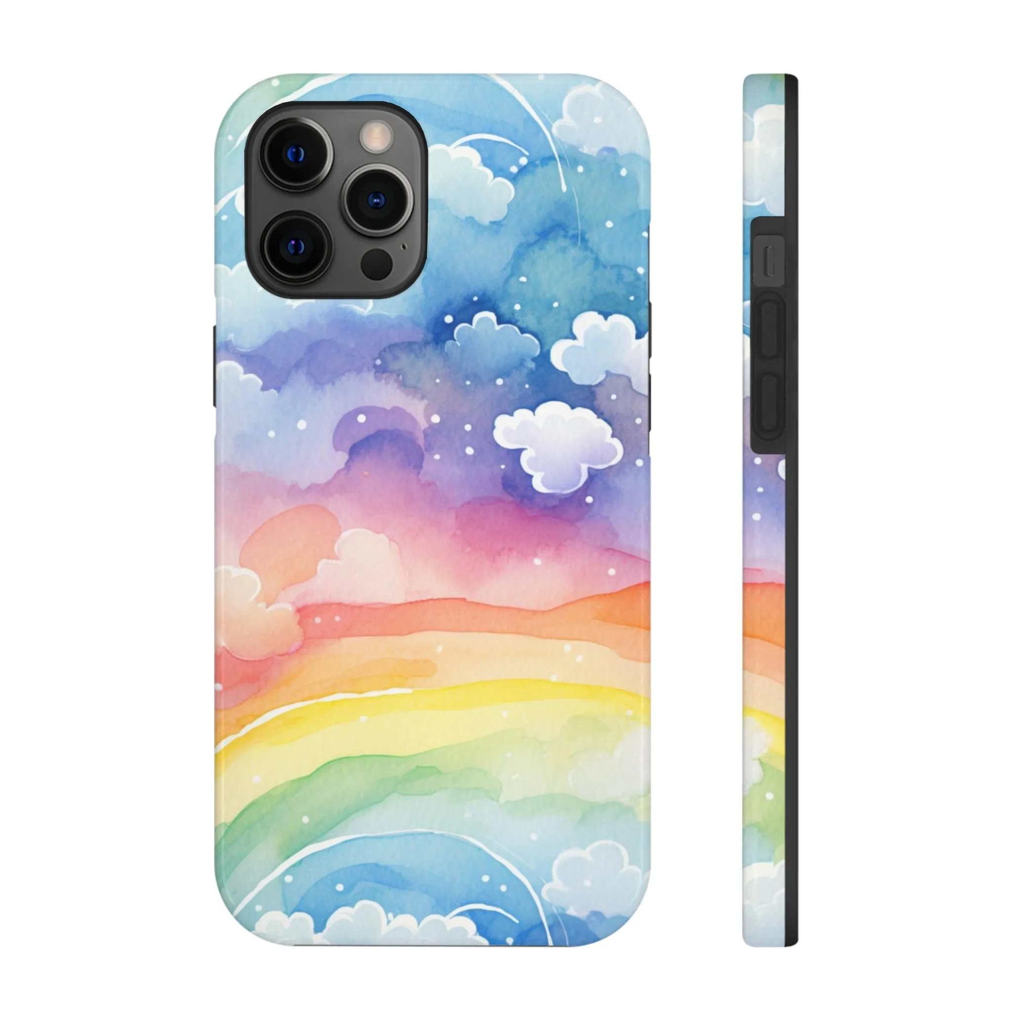 Rainbow Tough Phone Case, Watercolor Clouds iPhone 14 13 Pro Max 12 11 X XR XS SE 7 8 Plus Cell Cover Cool Aesthetic